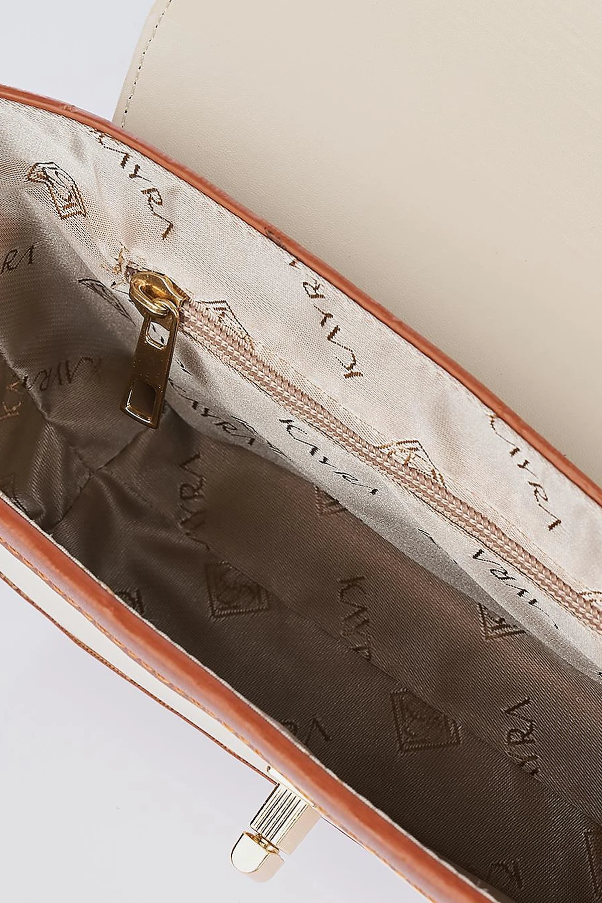Metal Accented Baguette Bag Tan-Cream