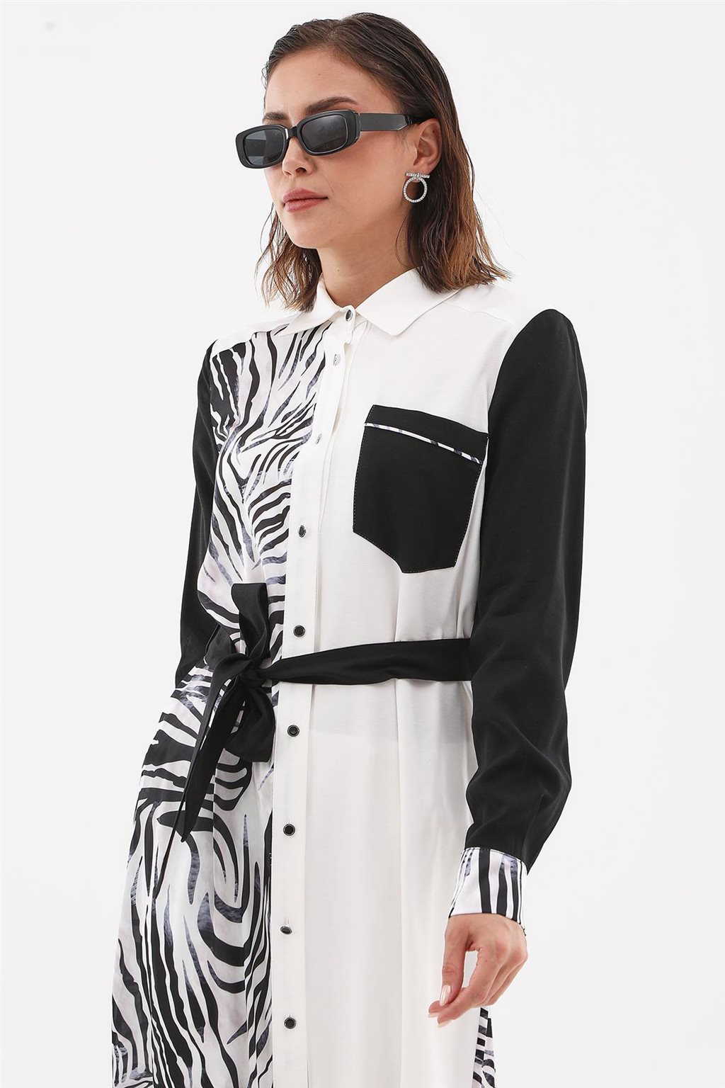 Zebra Desen Uzun Tunik Ekru-Siyah
