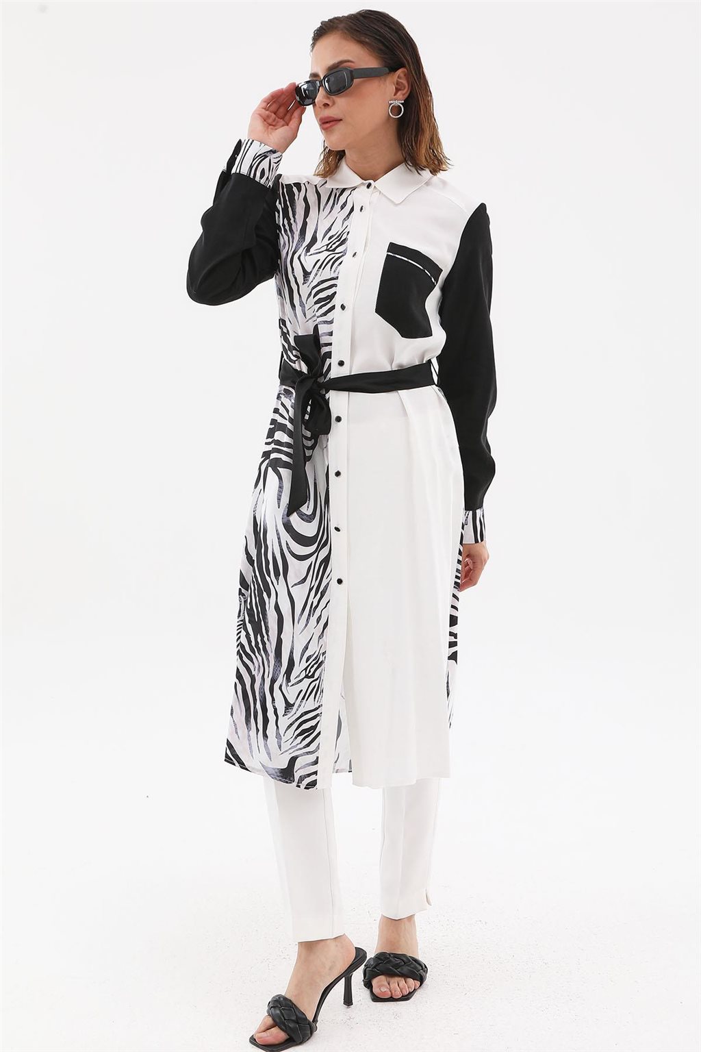 Zebra Desen Uzun Tunik Ekru-Siyah