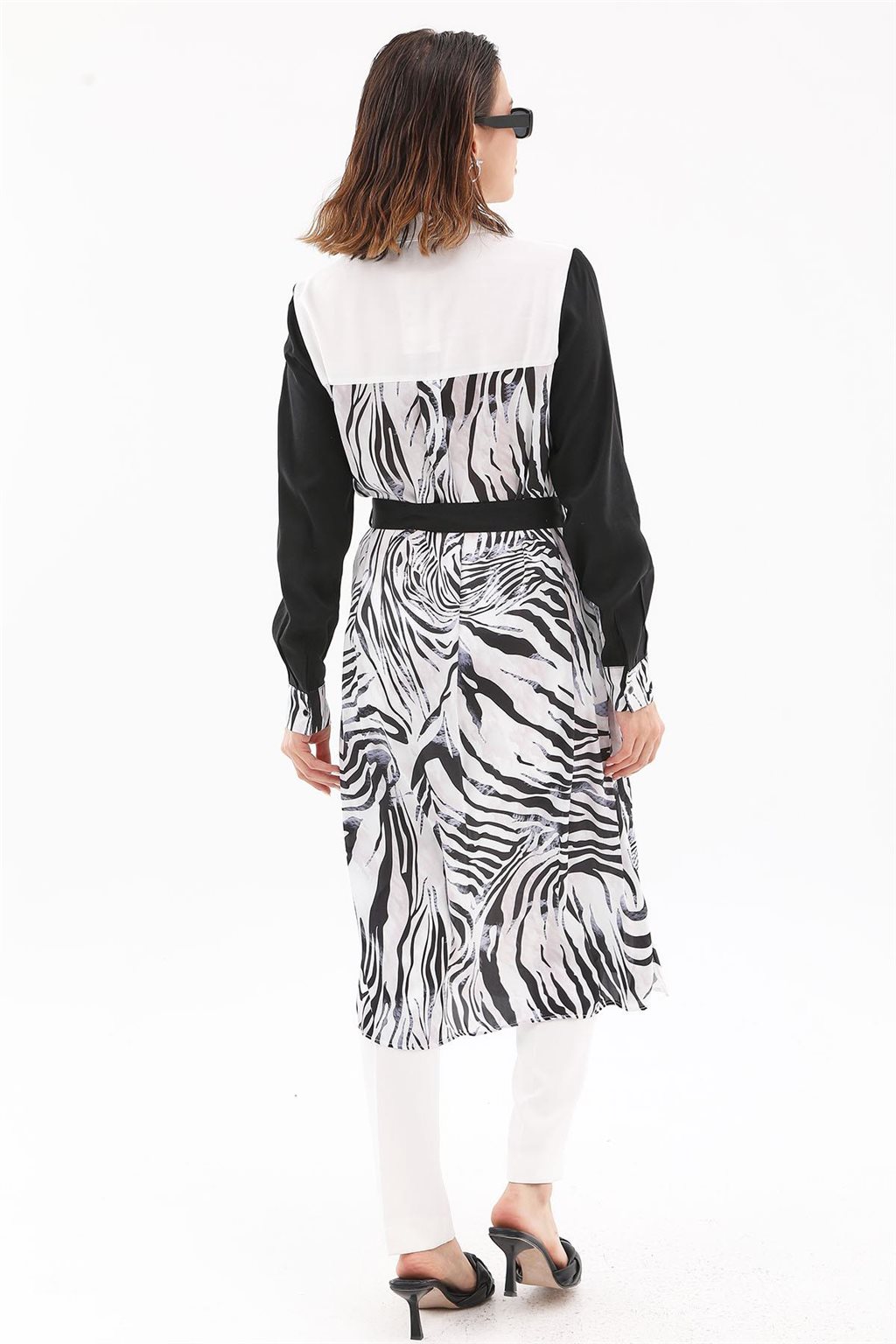 Zebra Desen Uzun Tunik Ekru-Siyah