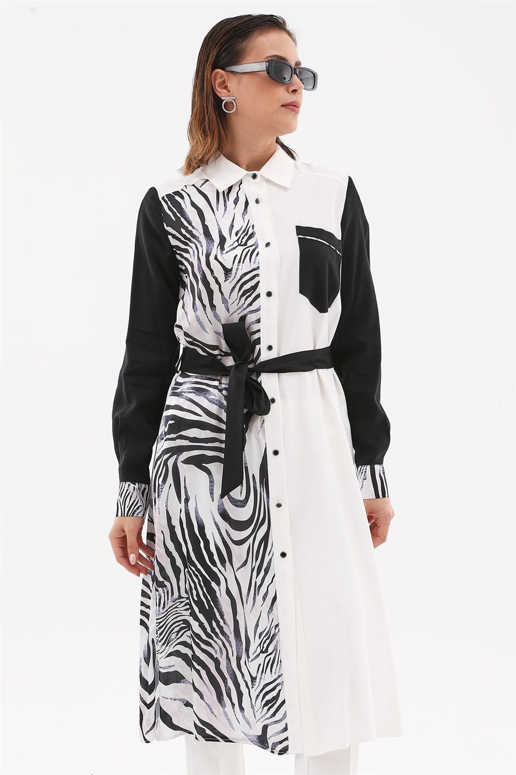Zebra Desen Uzun Tunik Ekru-Siyah