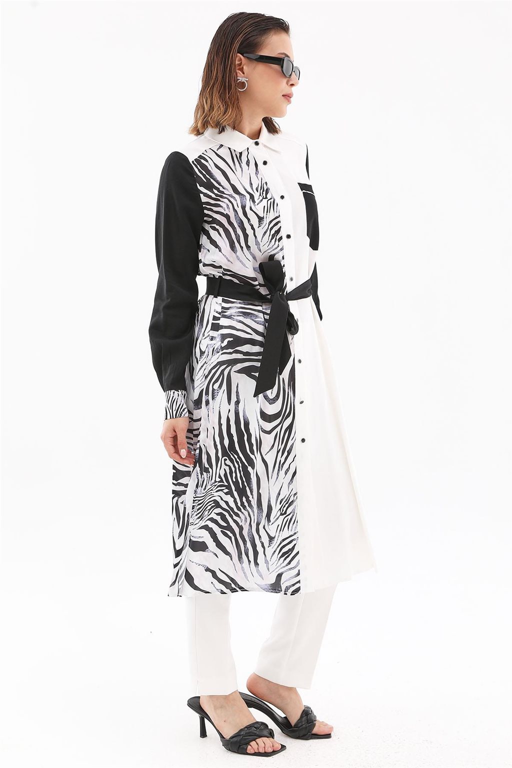 Zebra Desen Uzun Tunik Ekru-Siyah