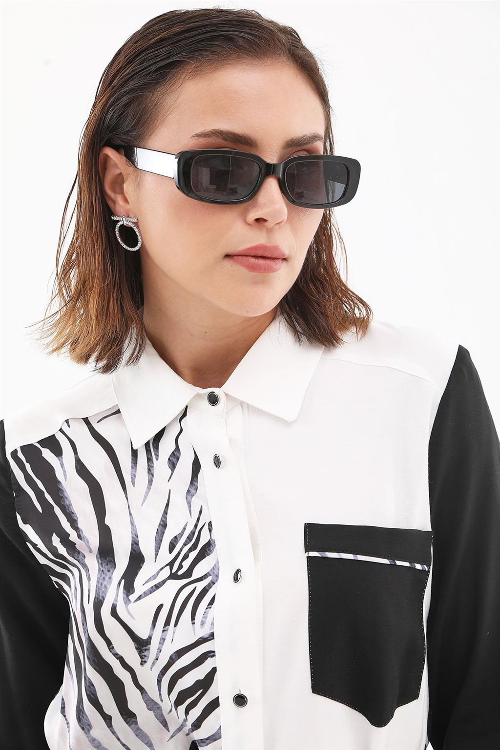Zebra Desen Uzun Tunik Ekru-Siyah