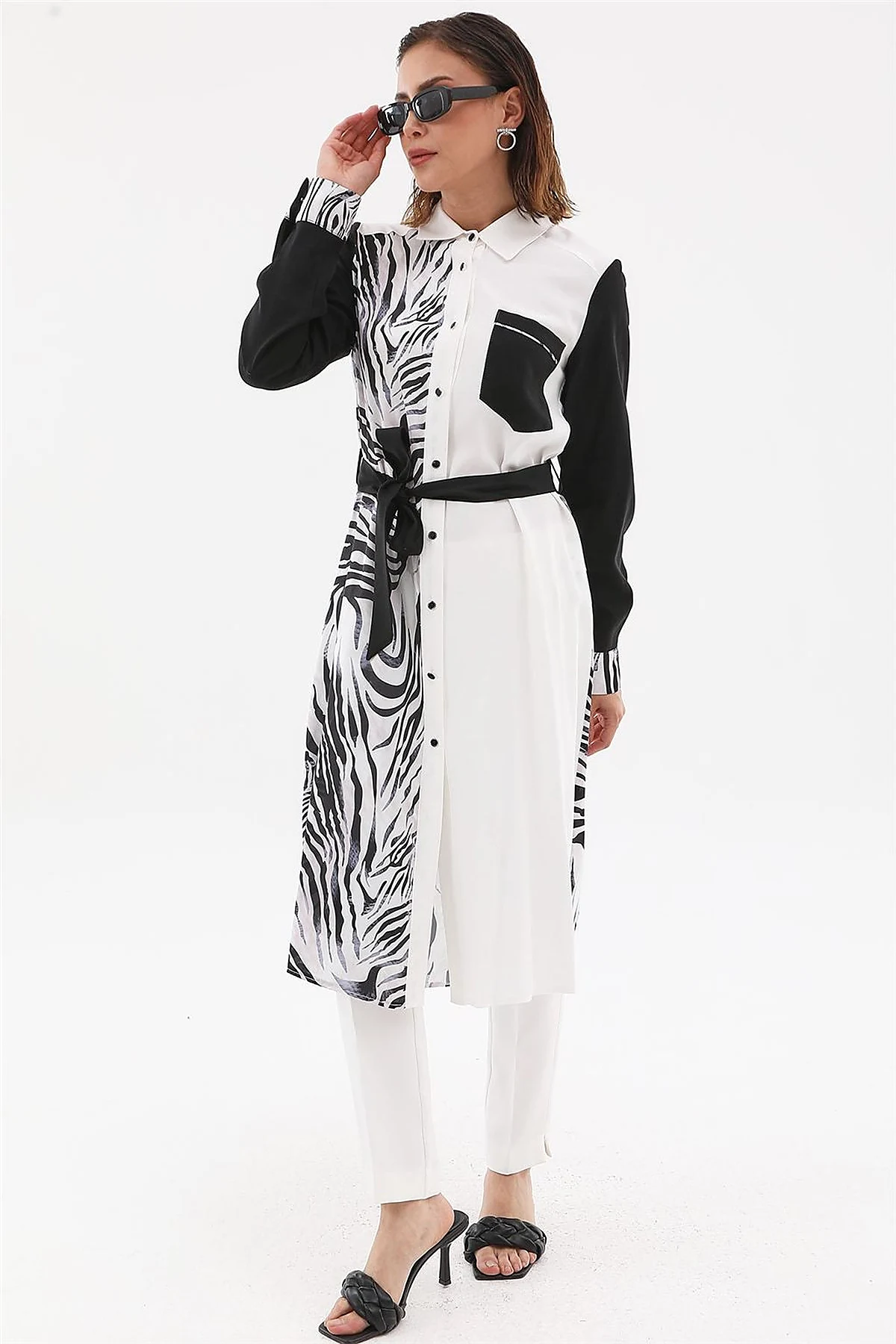 Zebra Pattern Long Tunic Ecru-Black