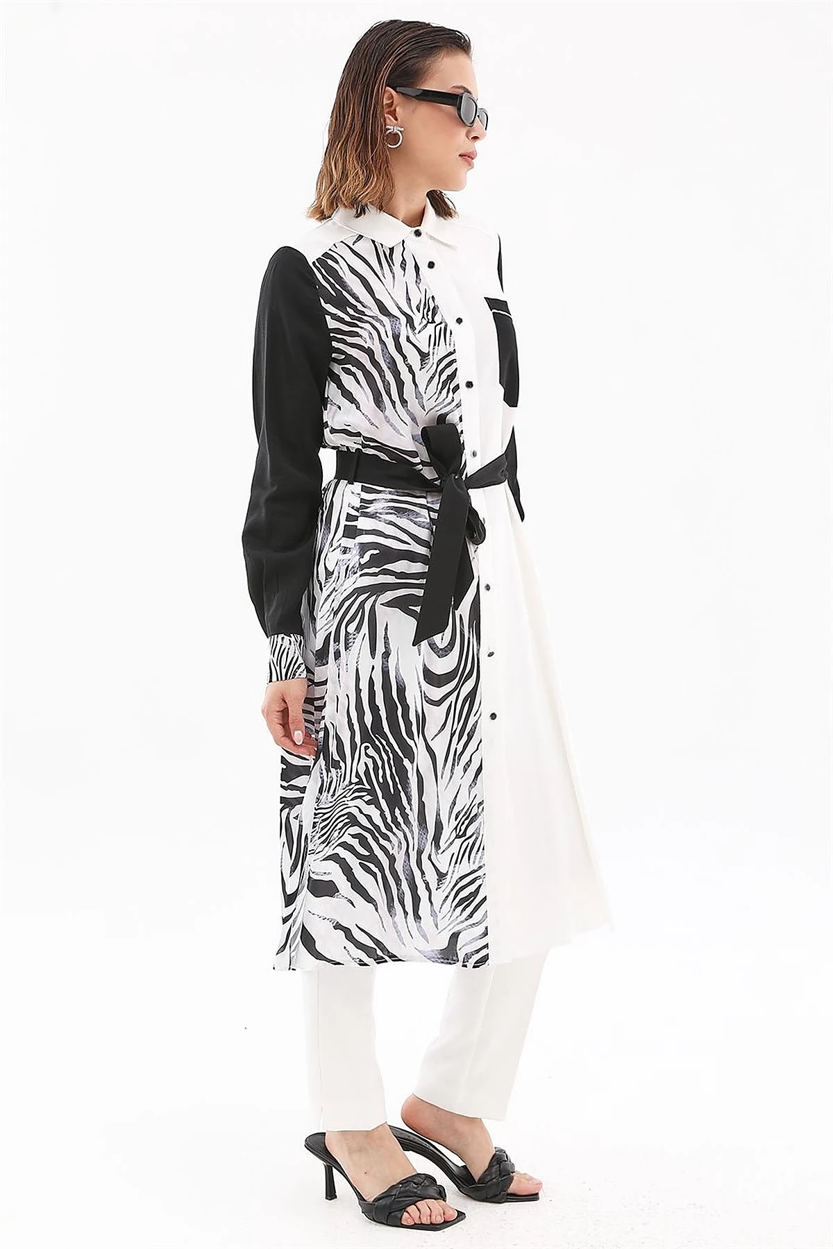 Zebra Pattern Long Tunic Ecru-Black