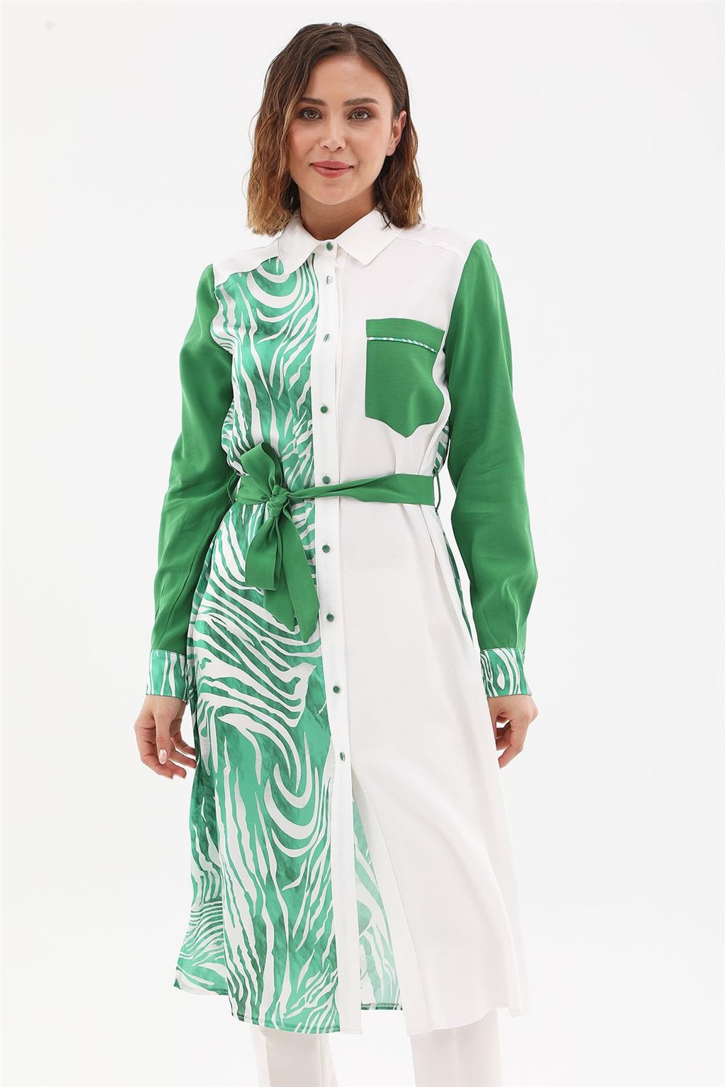Zebra Pattern Long Tunic Ecru-Green
