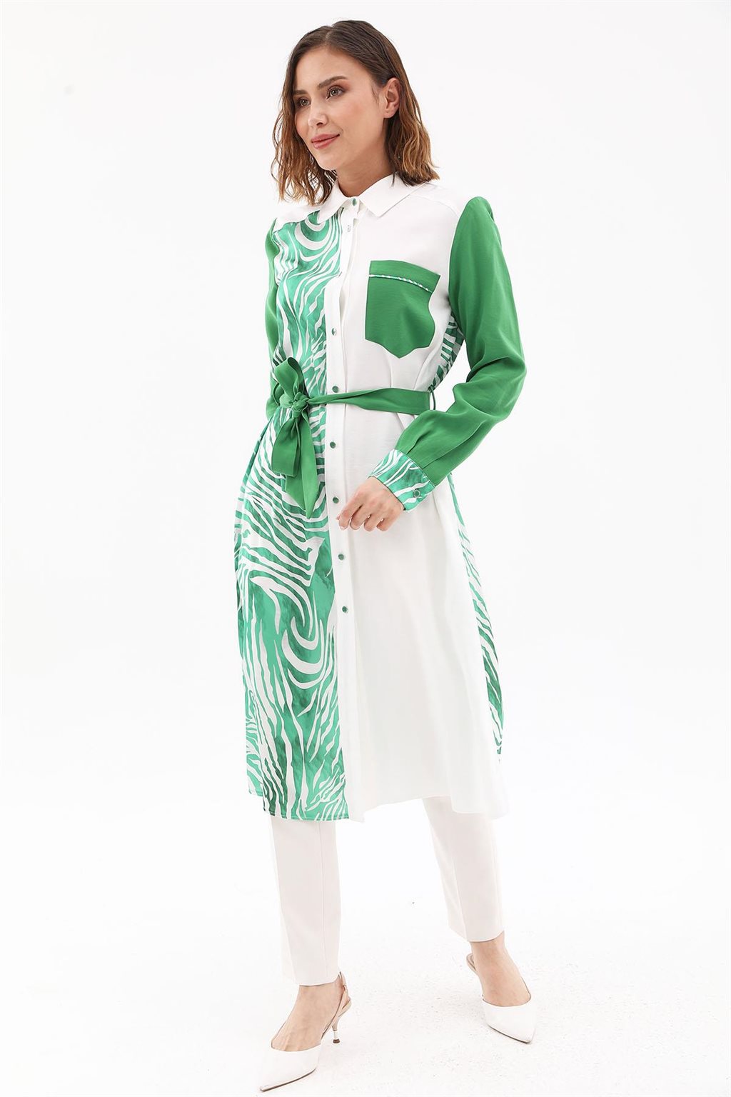 Zebra Pattern Long Tunic Ecru-Green