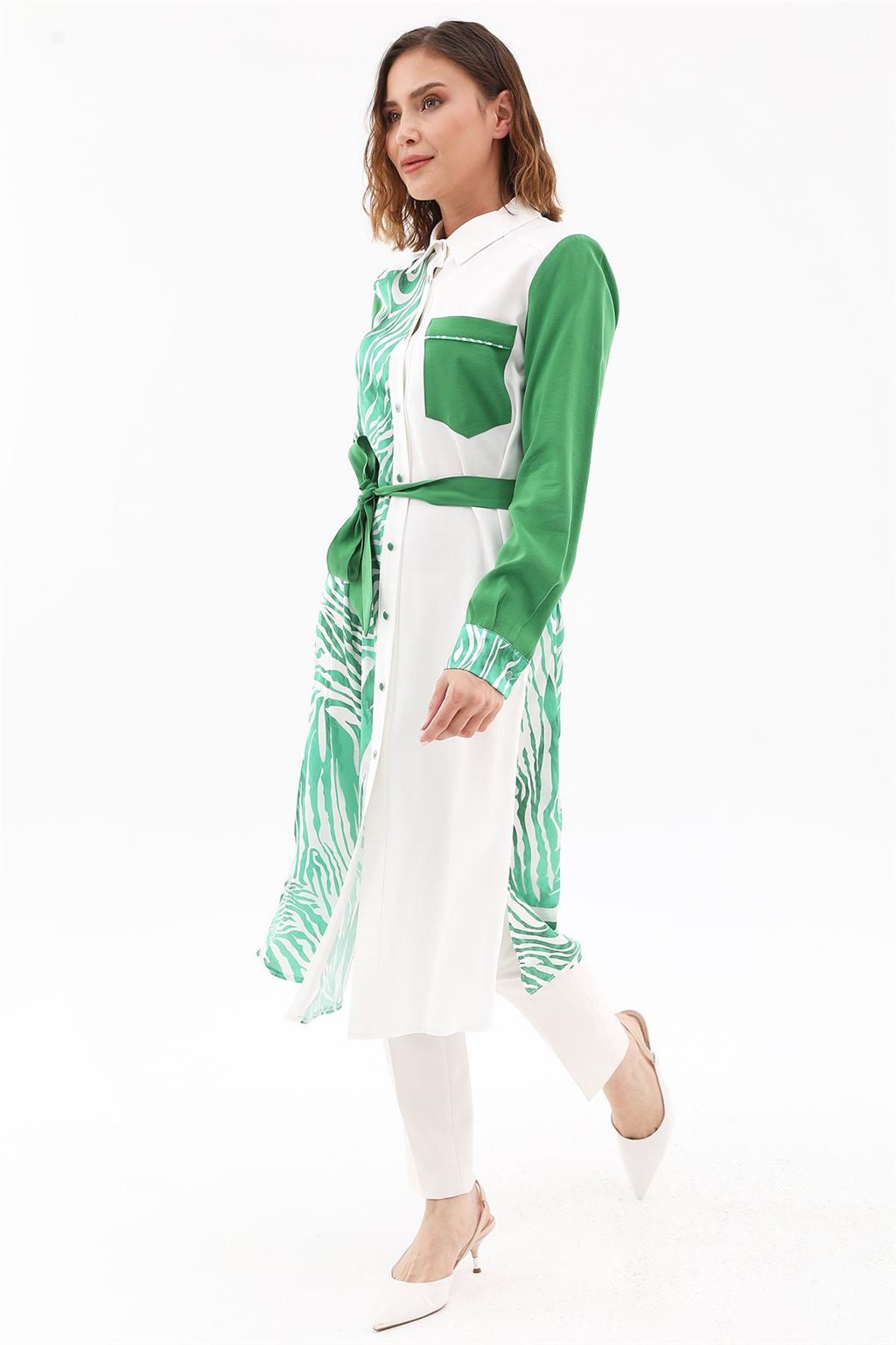 Zebra Pattern Long Tunic Ecru-Green