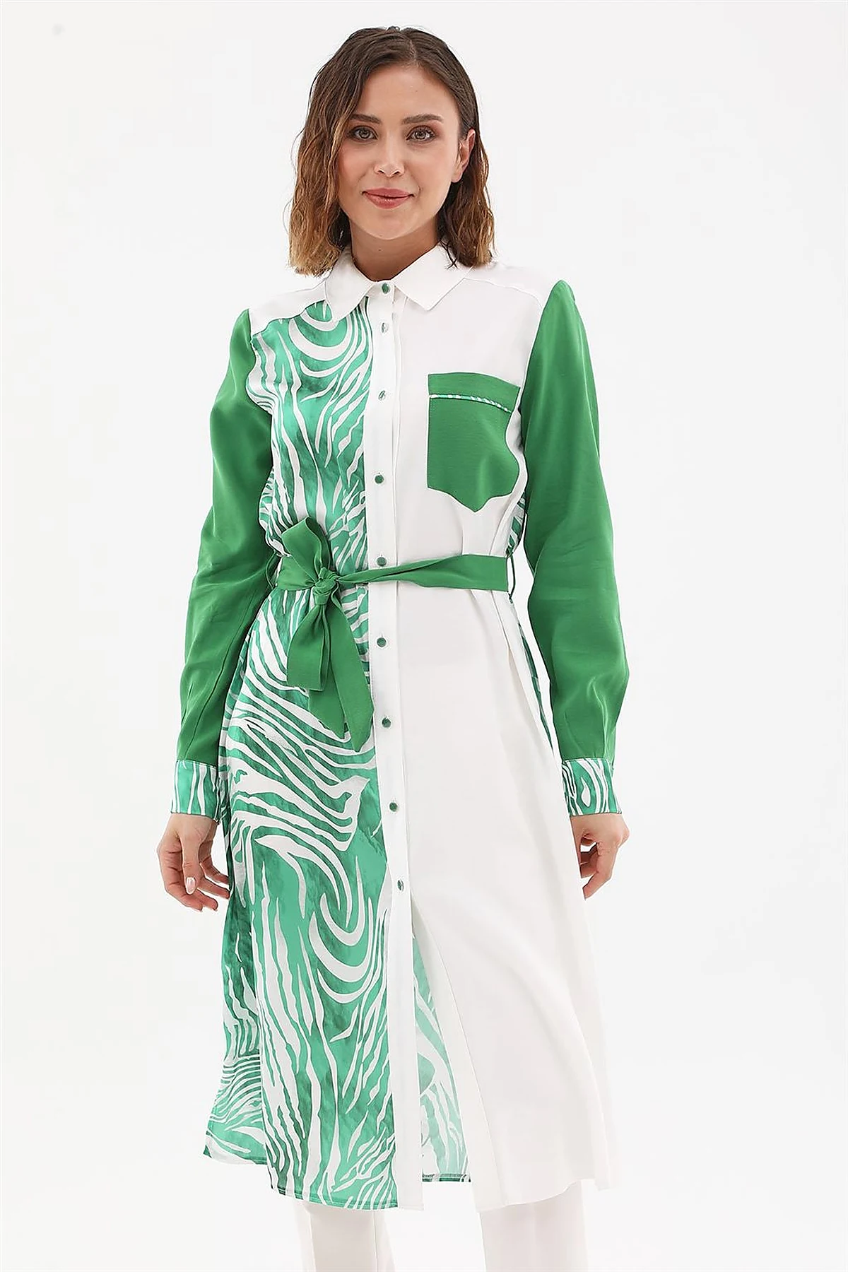 Zebra Pattern Long Tunic Ecru-Green