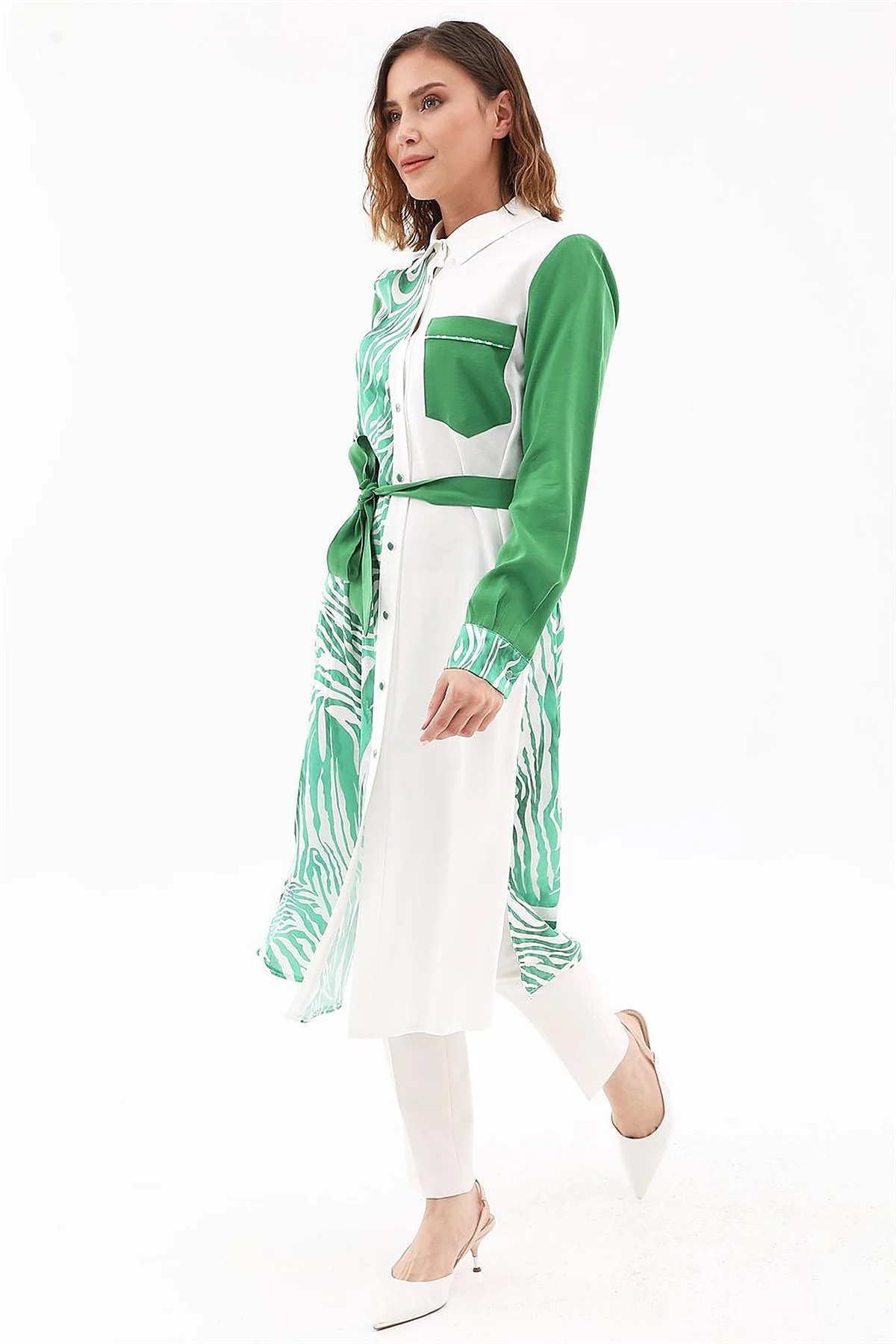 Zebra Pattern Long Tunic Ecru-Green