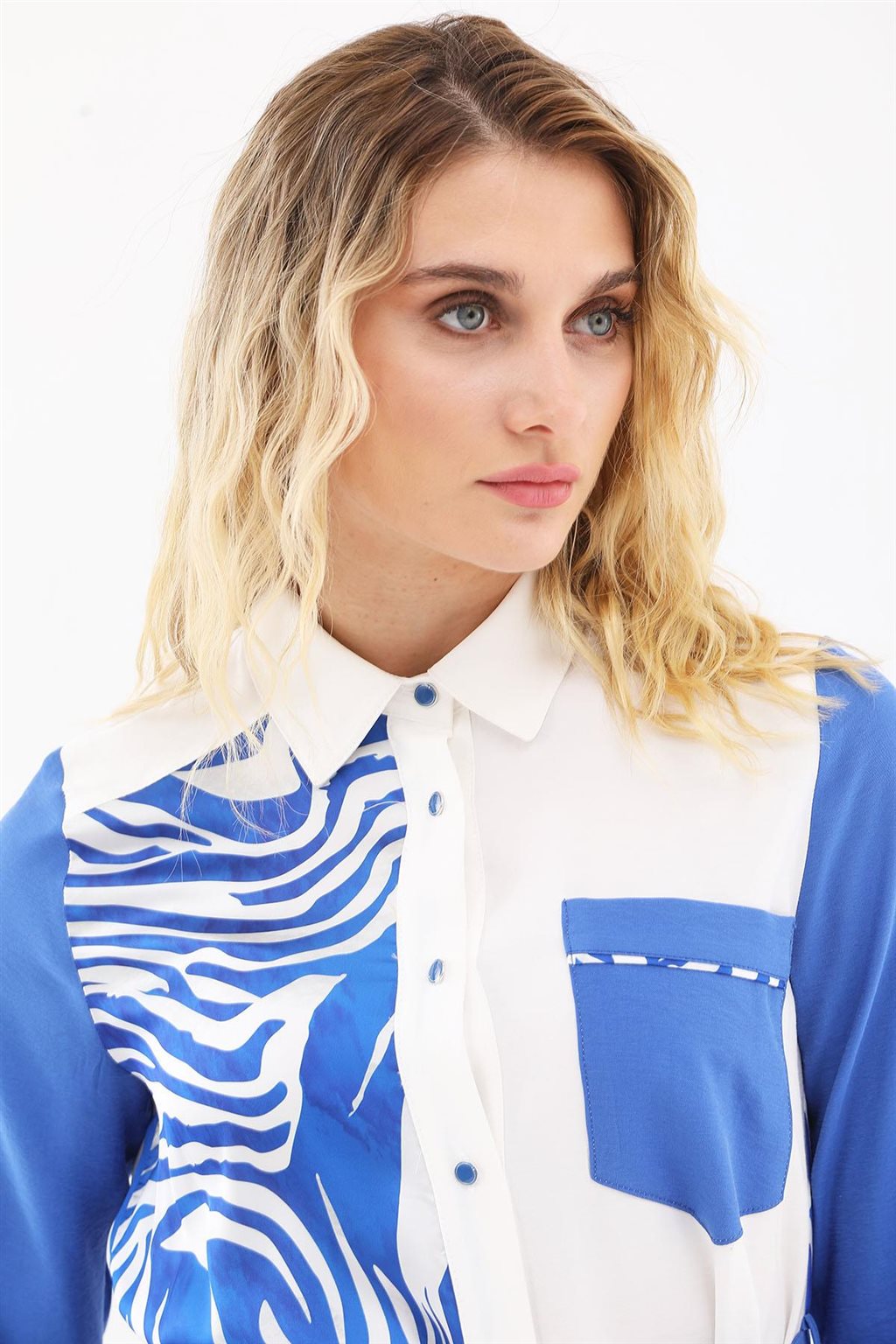 Zebra Pattern Long Tunic Ecru-Royal Blue