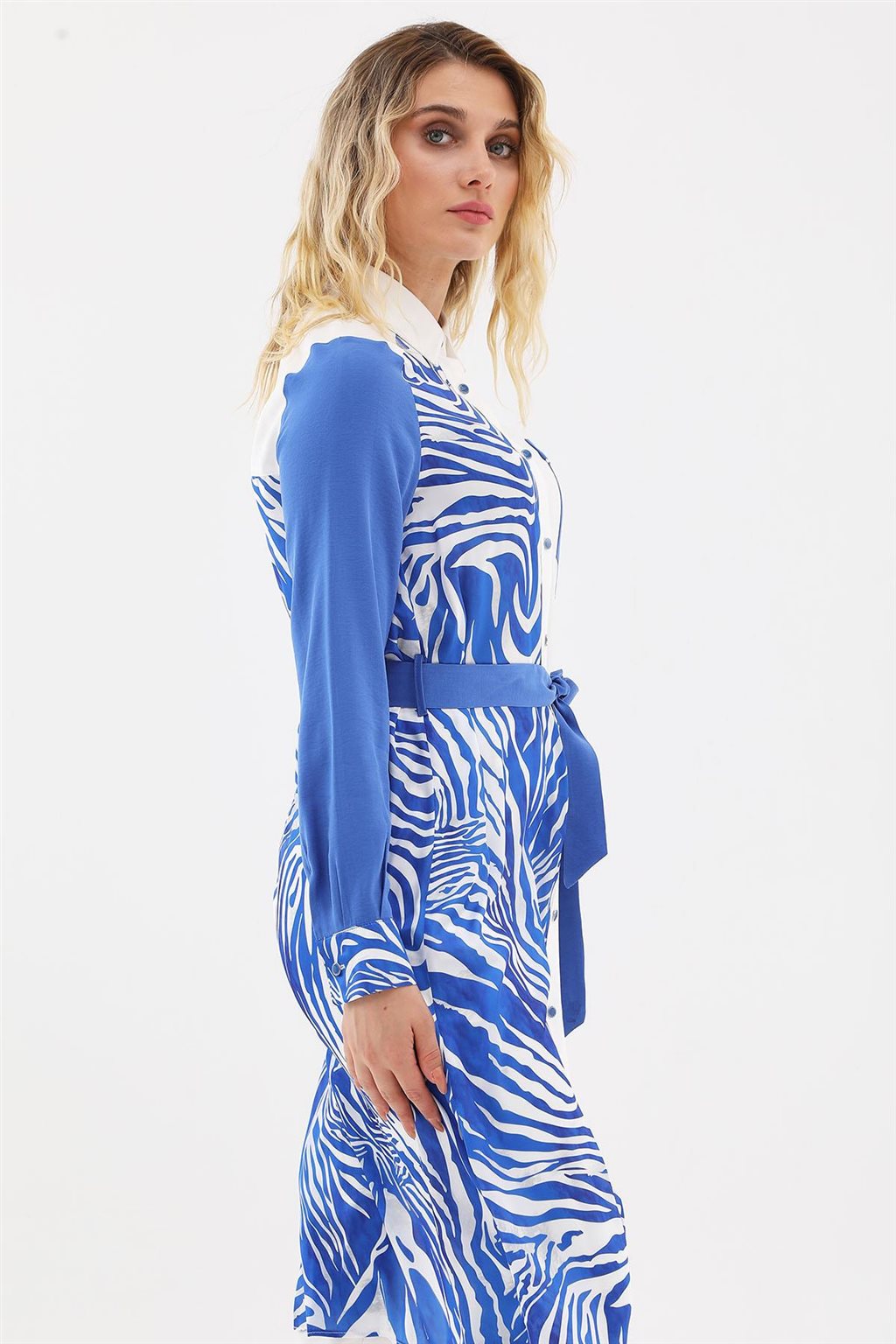 Zebra Pattern Long Tunic Ecru-Royal Blue
