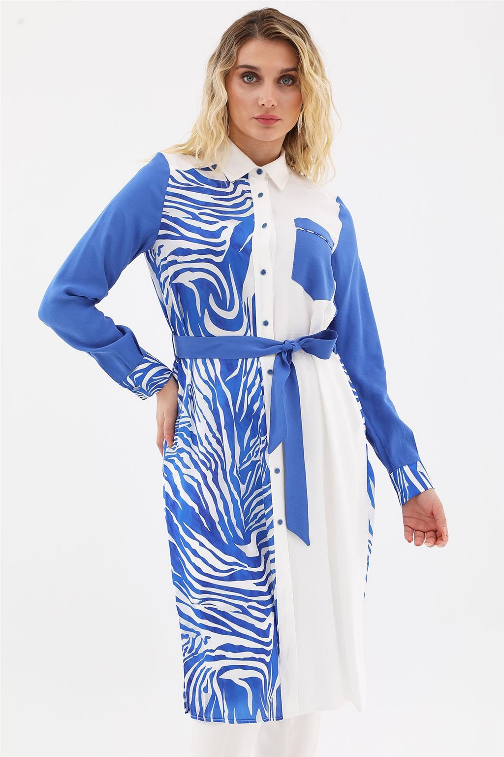 Zebra Pattern Long Tunic Ecru-Royal Blue