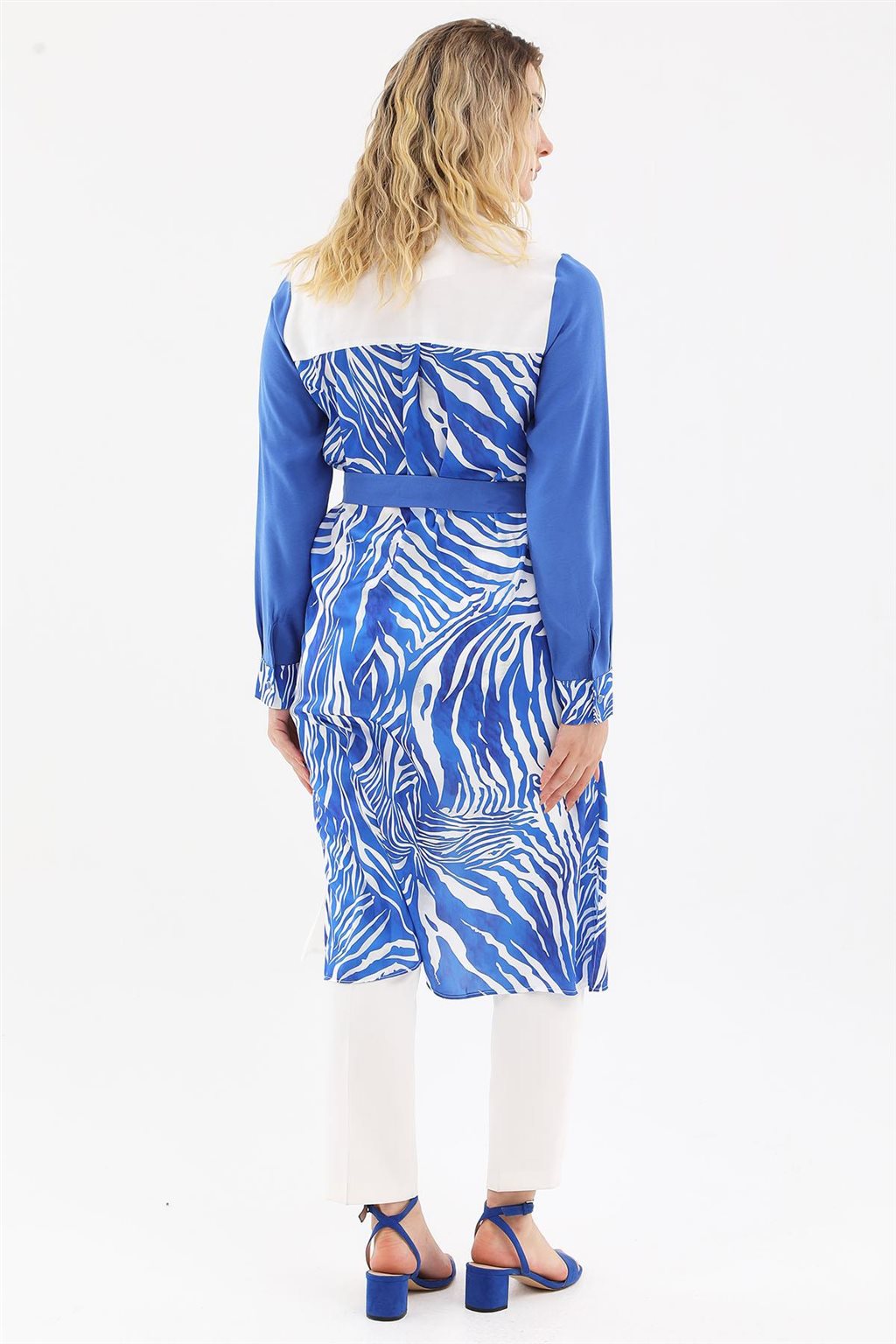 Zebra Pattern Long Tunic Ecru-Royal Blue