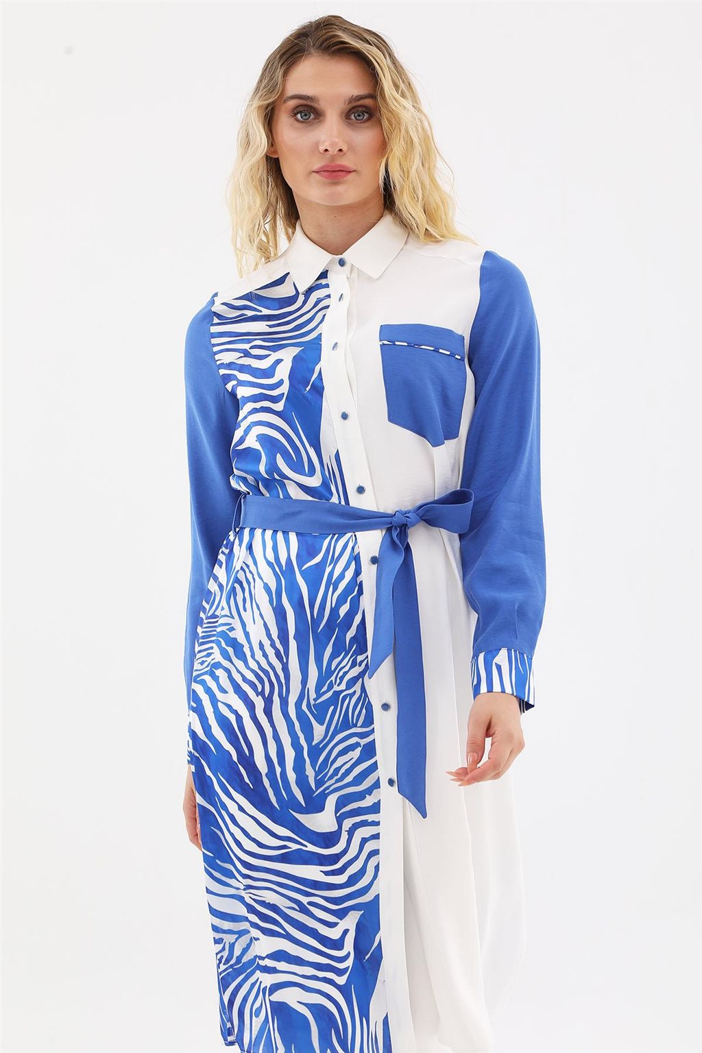 Zebra Pattern Long Tunic Ecru-Royal Blue