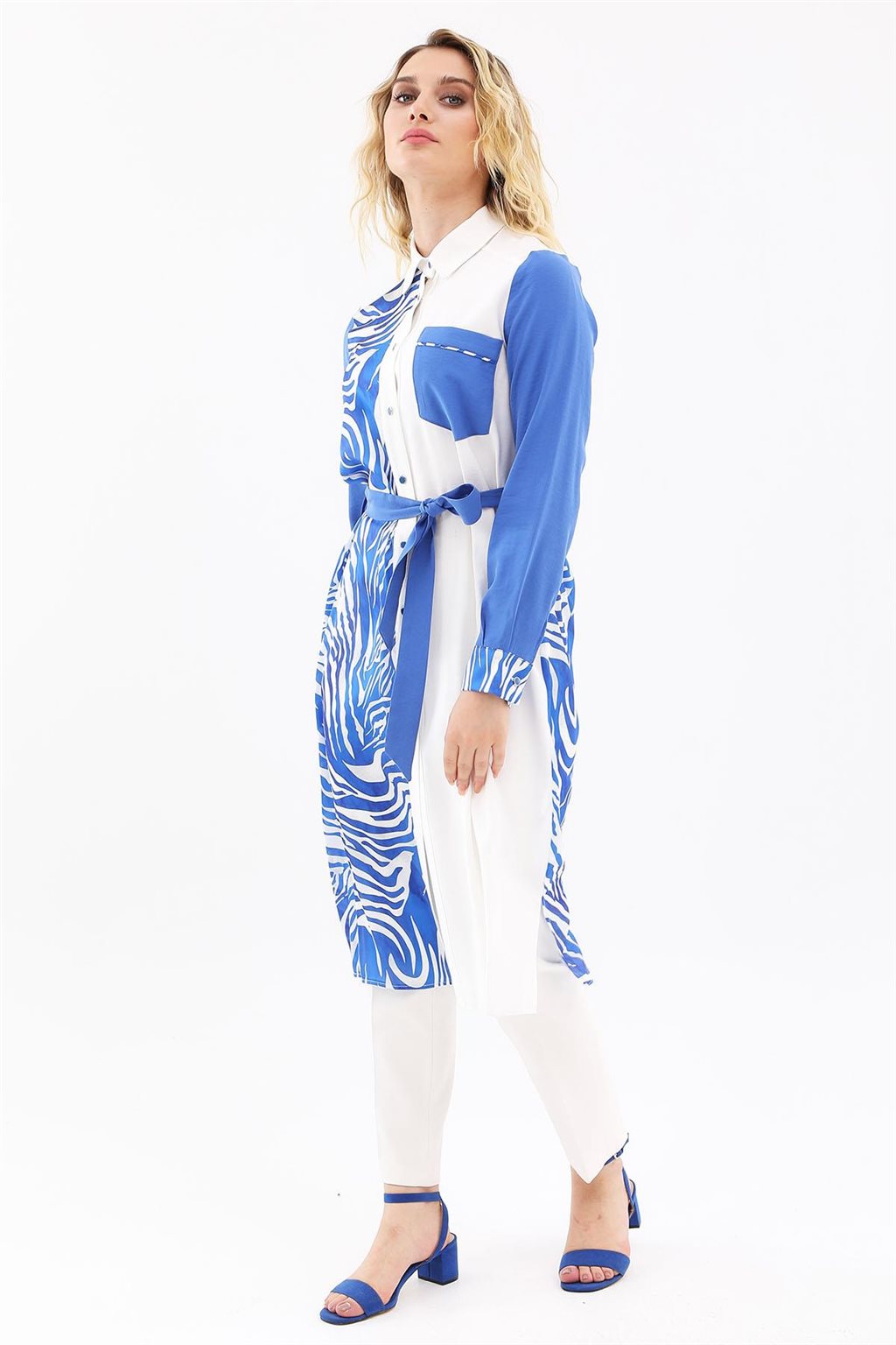 Zebra Pattern Long Tunic Ecru-Royal Blue