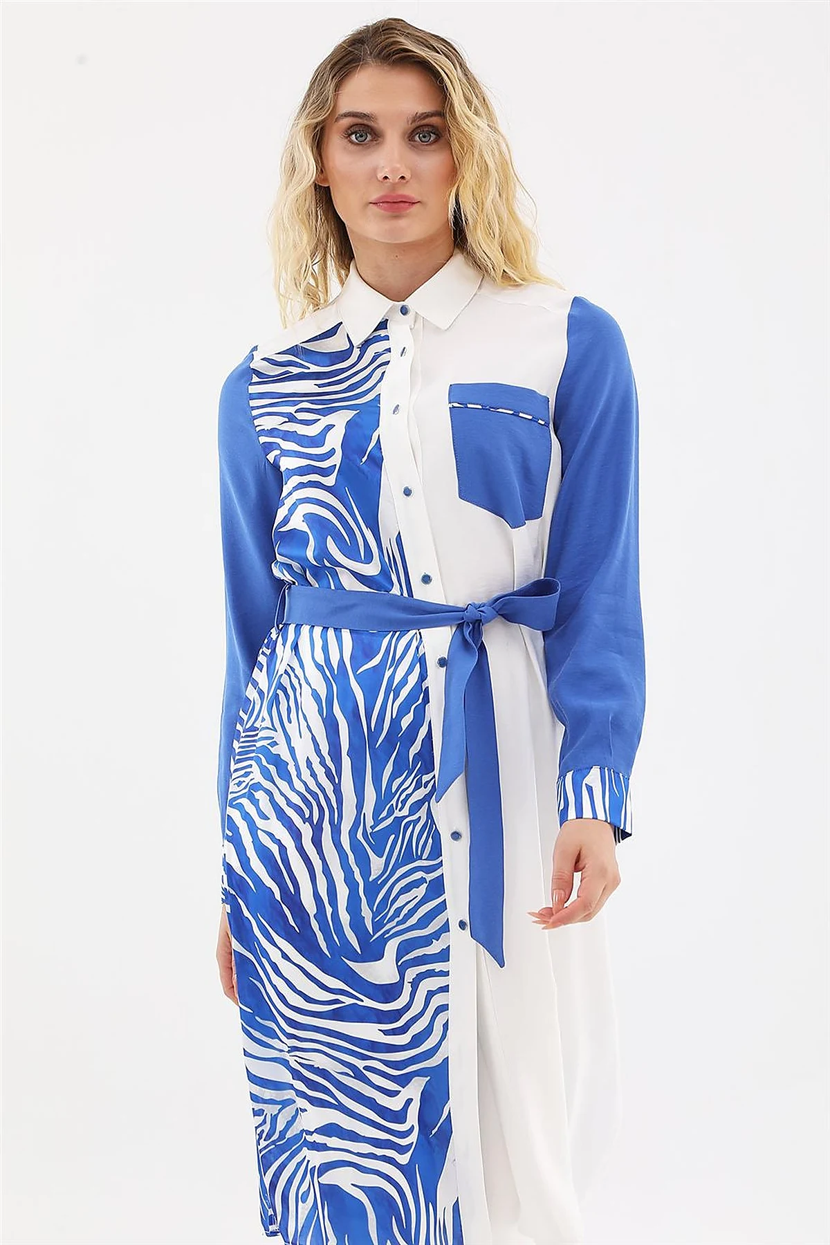 Zebra Pattern Long Tunic Ecru-Royal Blue