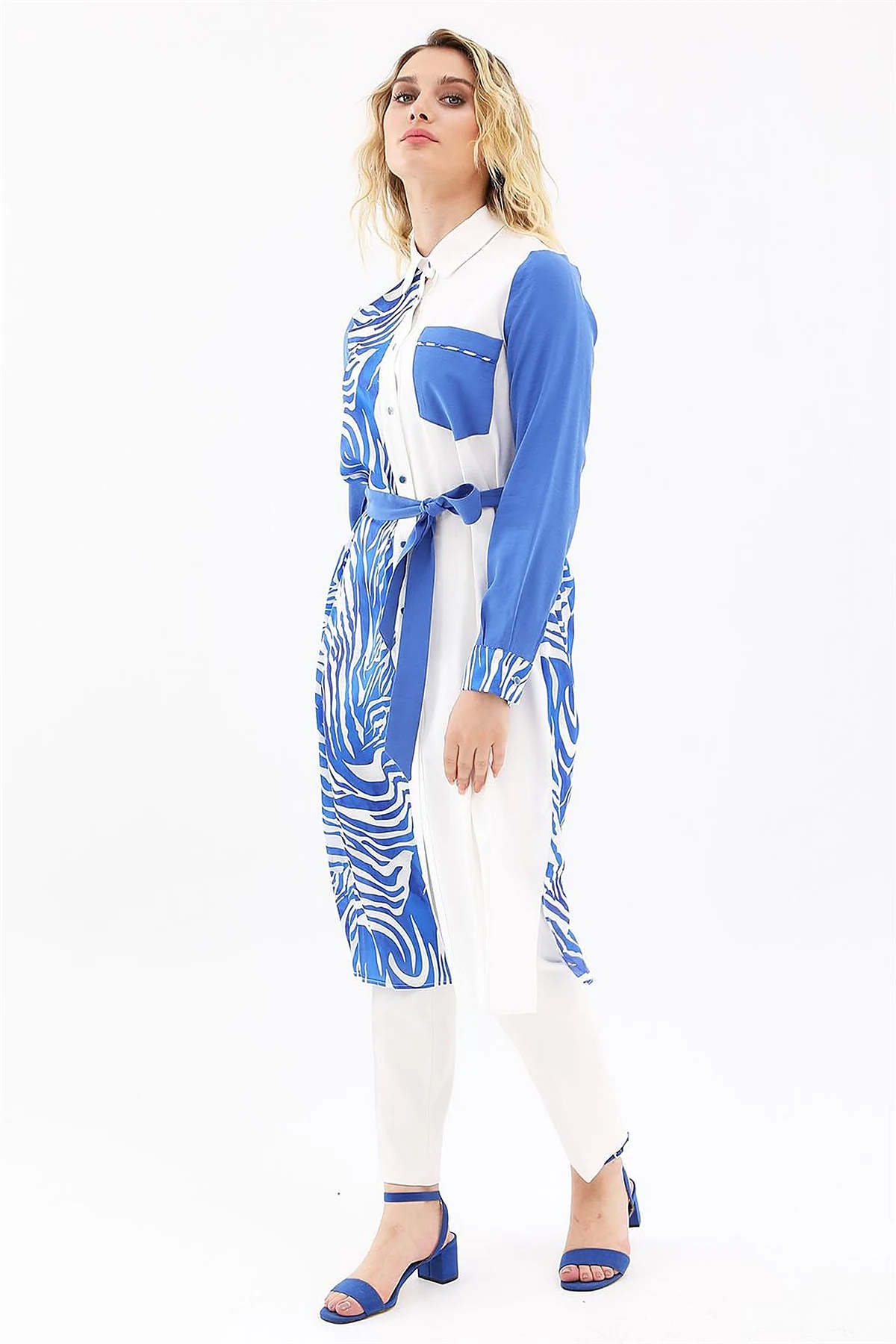 Zebra Pattern Long Tunic Ecru-Royal Blue