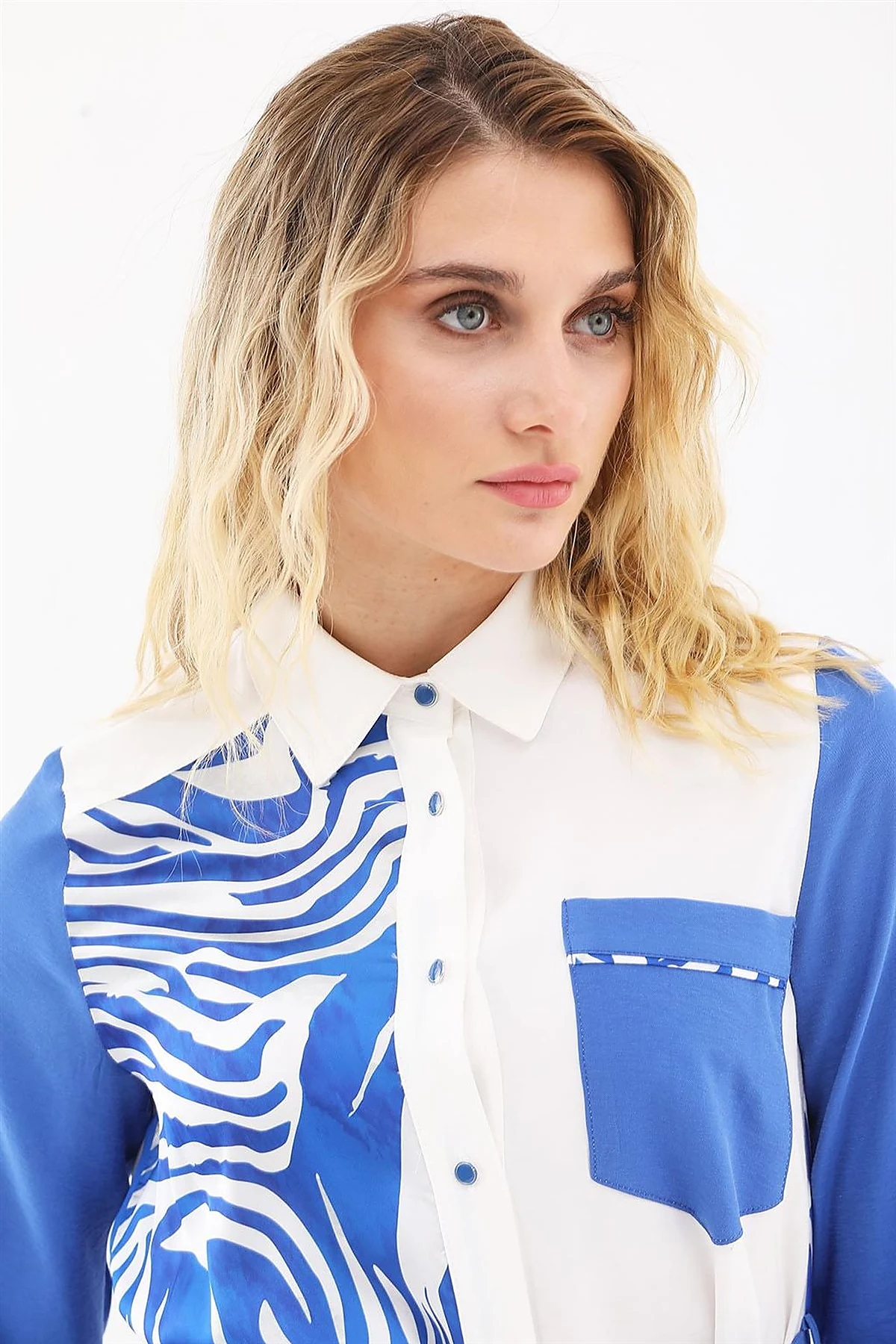 Zebra Pattern Long Tunic Ecru-Royal Blue