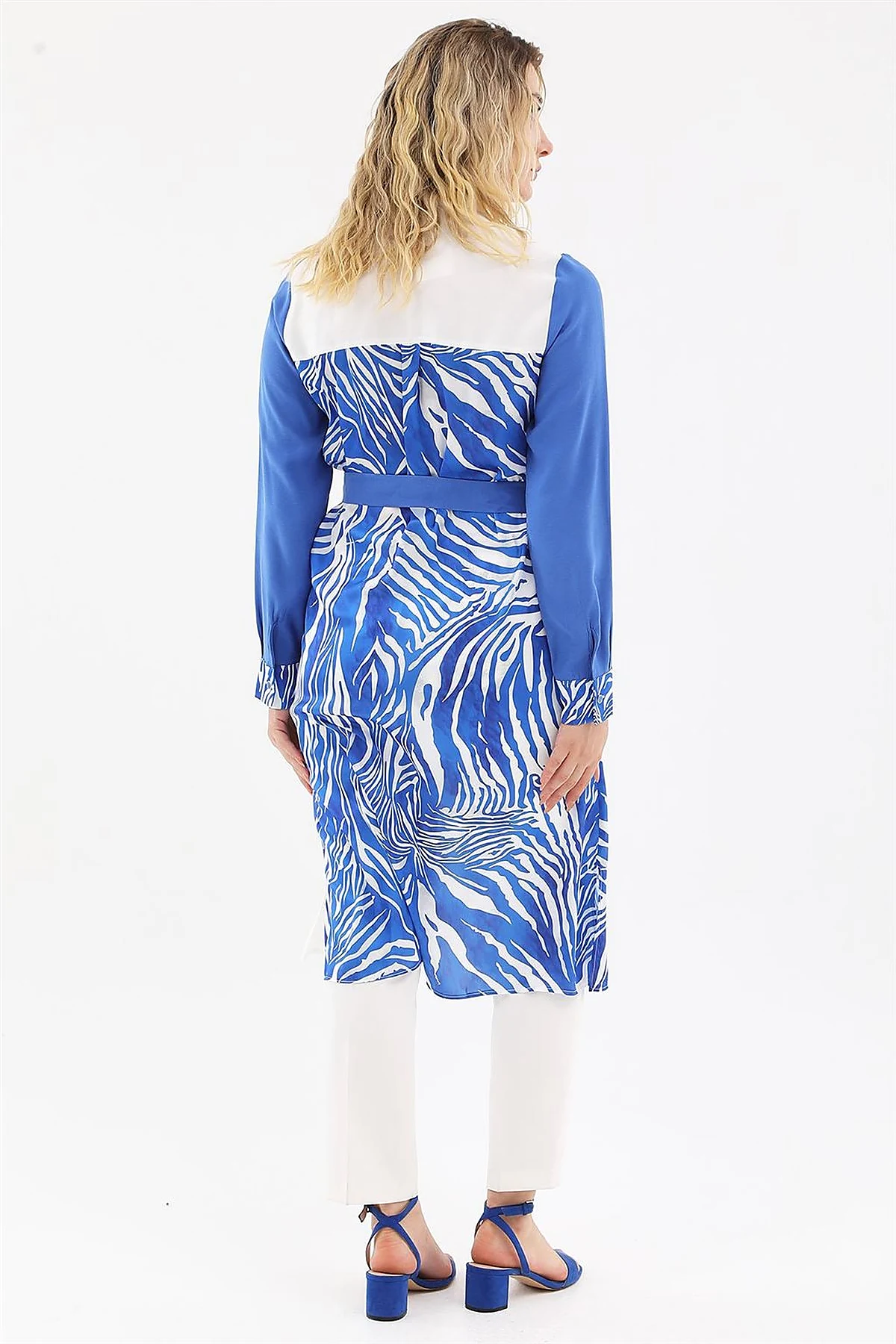 Zebra Pattern Long Tunic Ecru-Royal Blue