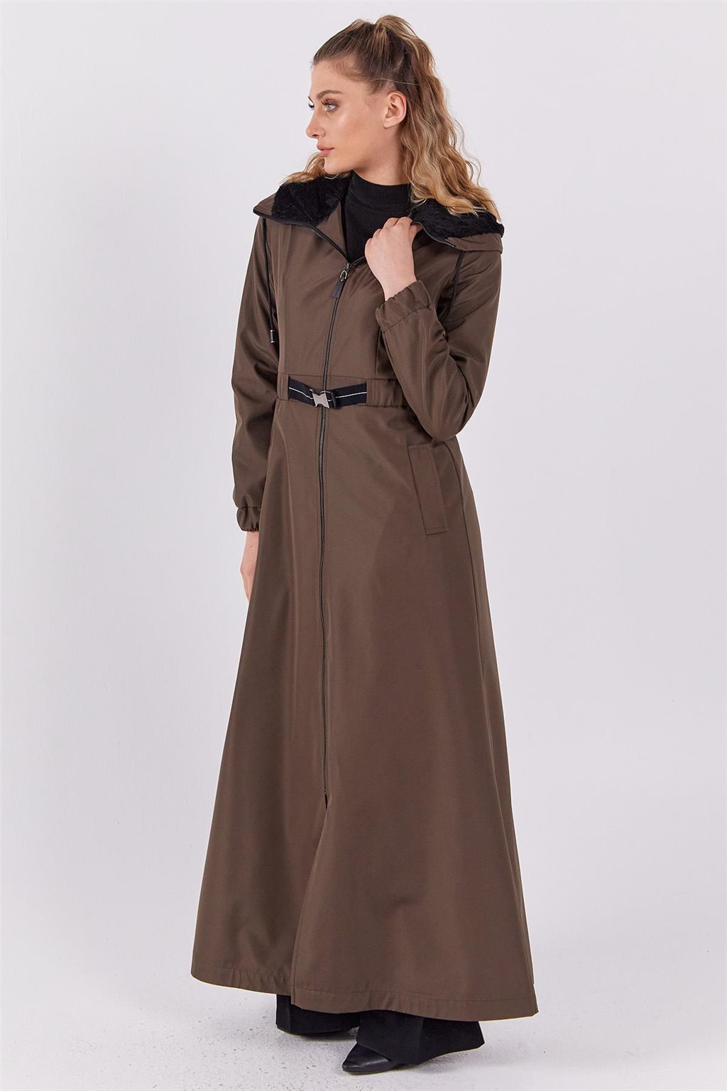 Plush Detailed Overcoat in Khaki