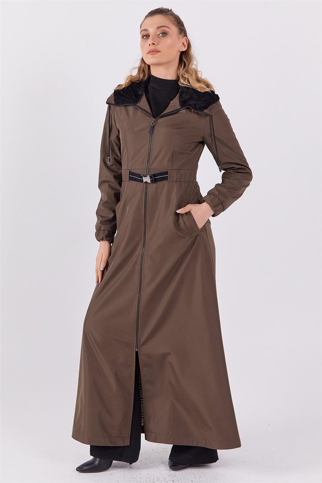 Plush Detailed Overcoat in Khaki