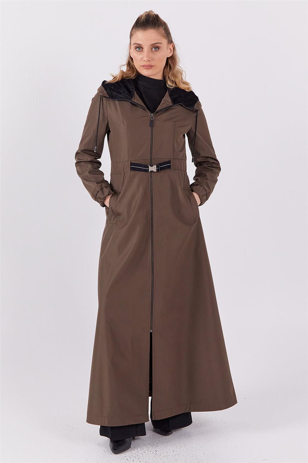 Plush Detailed Overcoat in Khaki