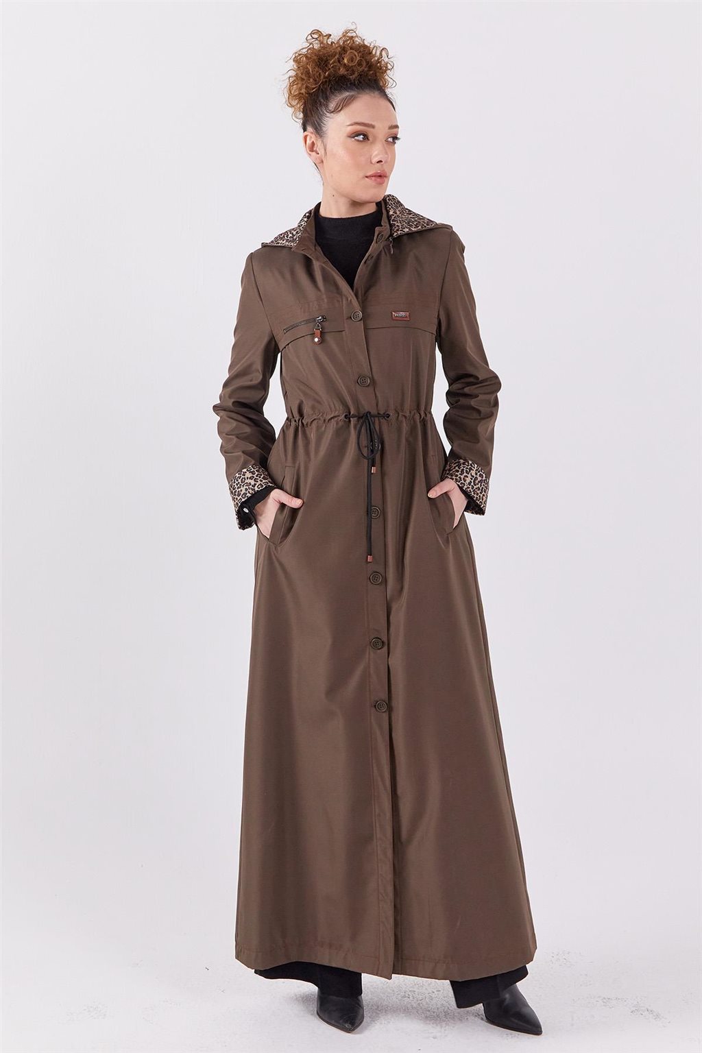 Leopard Panel Overcoat Khaki