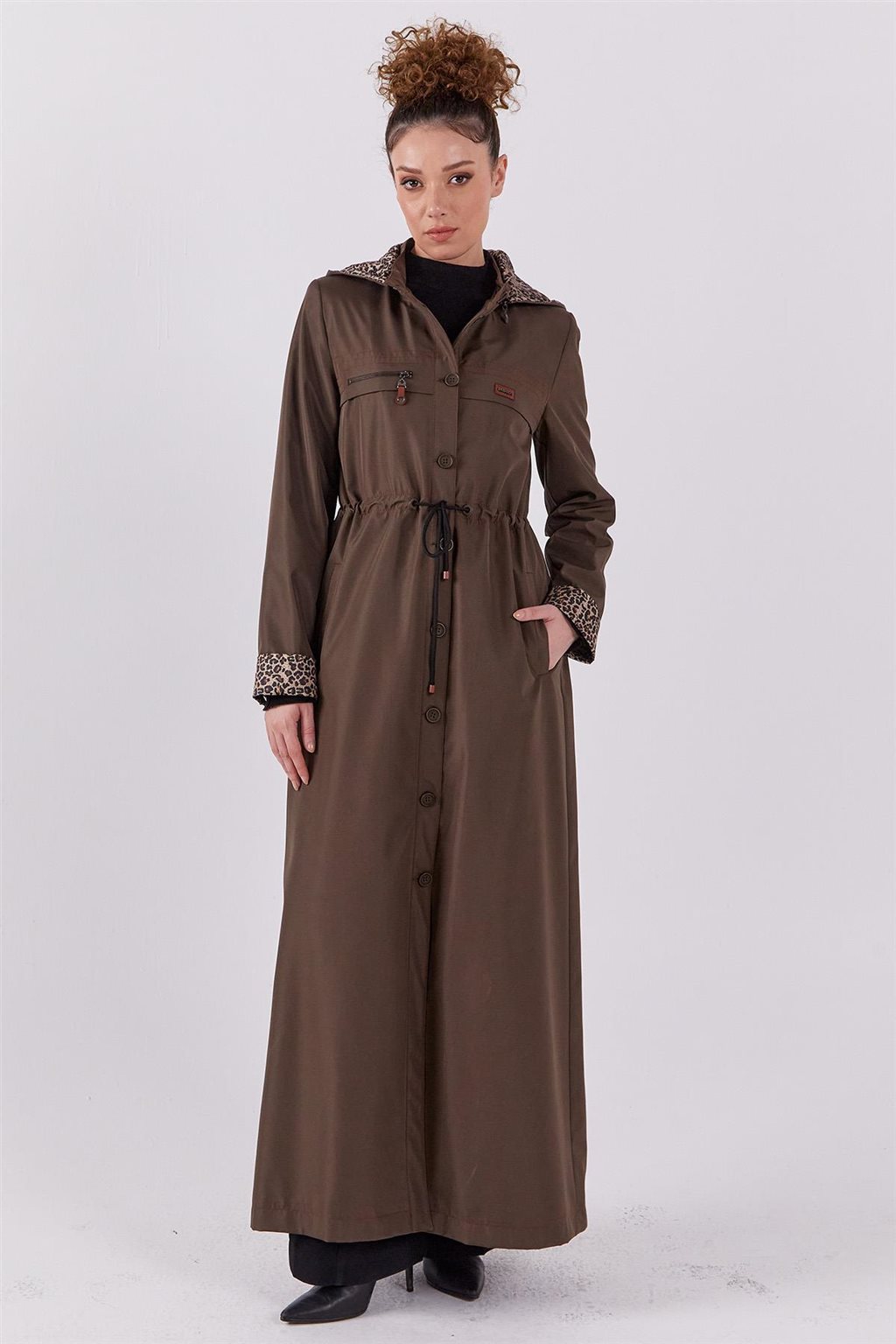 Leopard Panel Overcoat Khaki