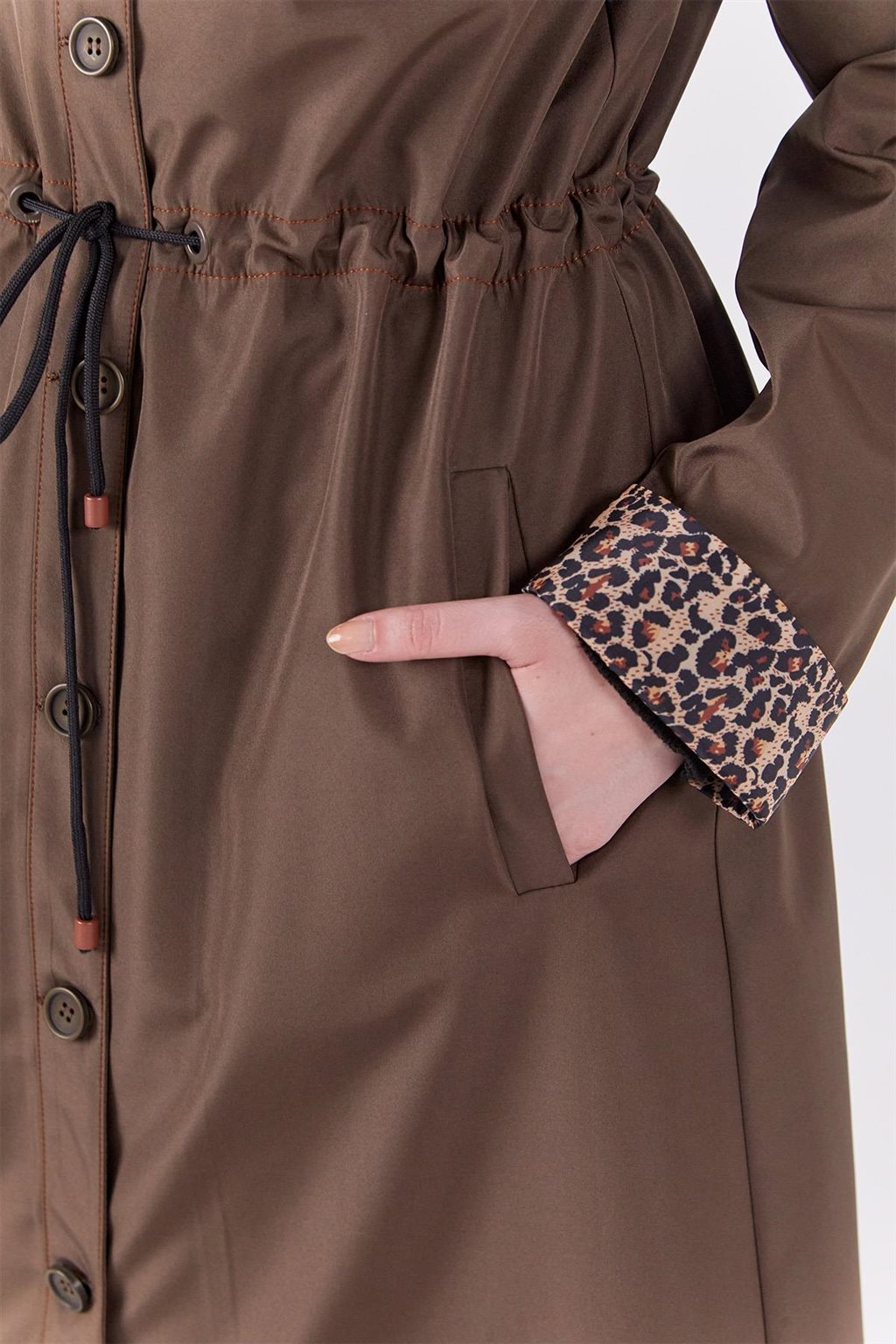 Leopard Panel Overcoat Khaki