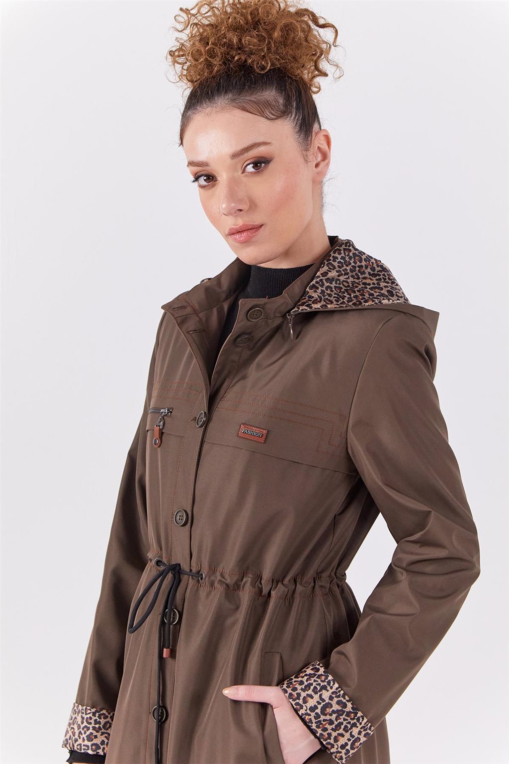 Leopard Panel Overcoat Khaki