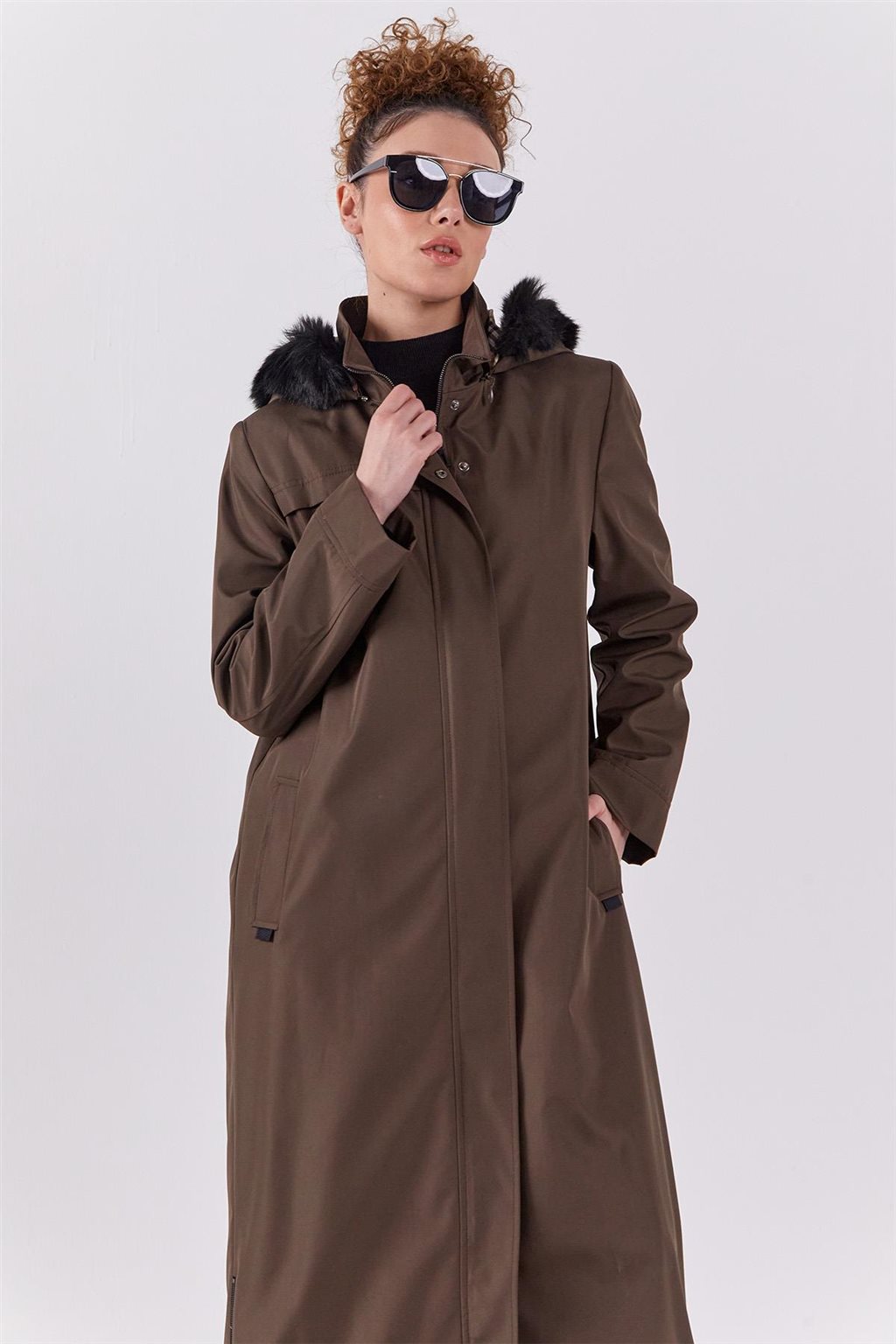 Pocket Detail Hooded Coat Khaki