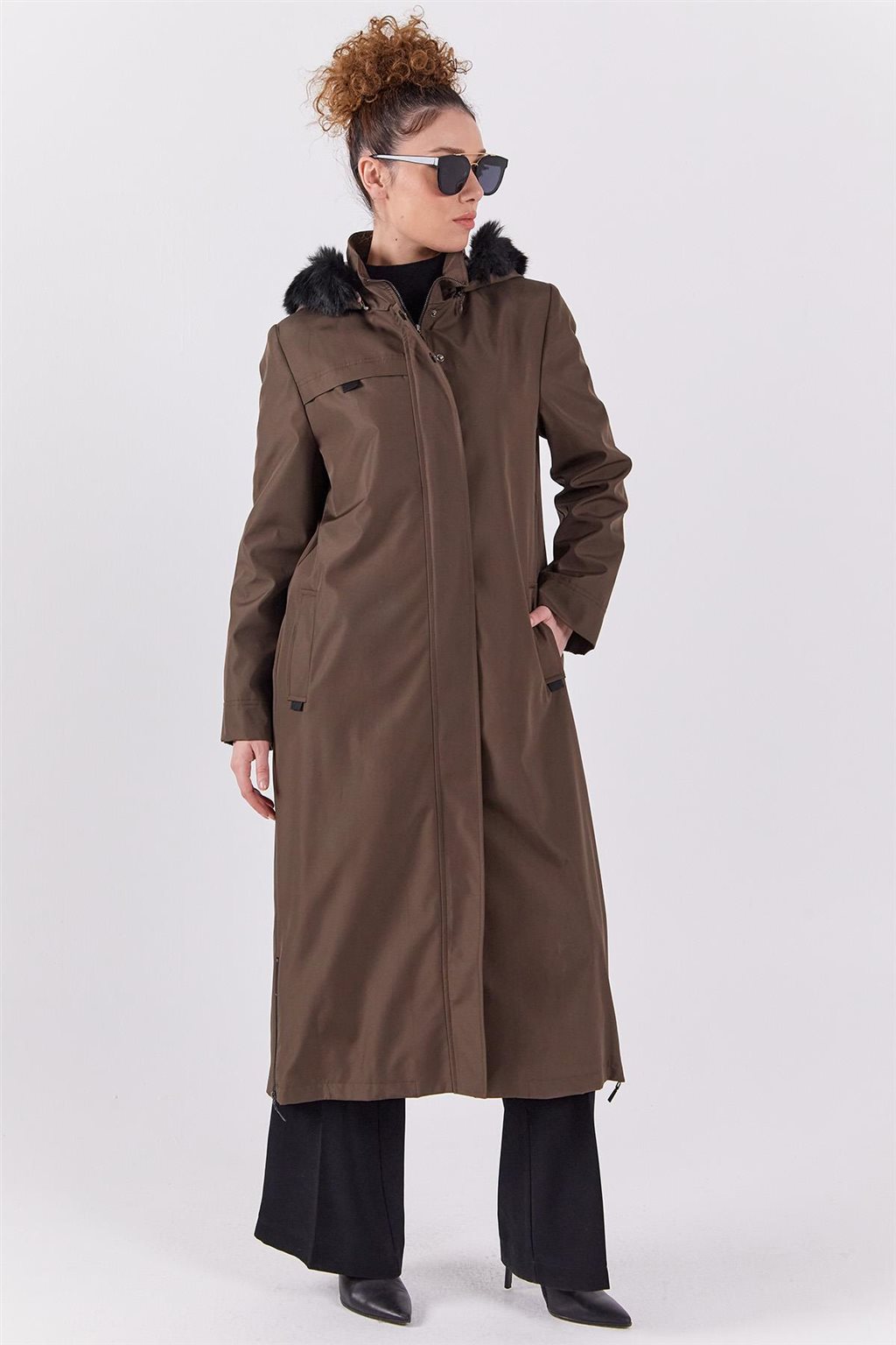 Pocket Detail Hooded Coat Khaki