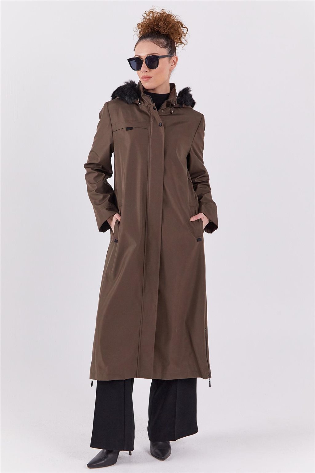 Pocket Detail Hooded Coat Khaki