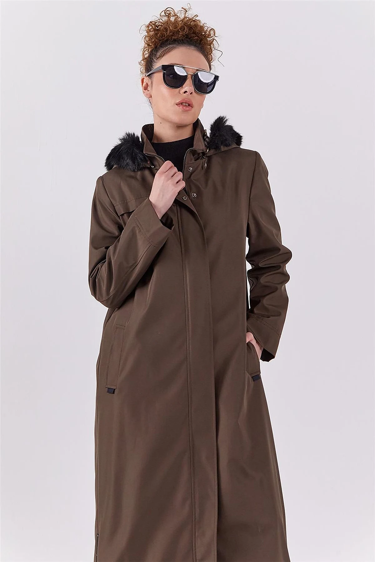 Pocket Detail Hooded Coat Khaki