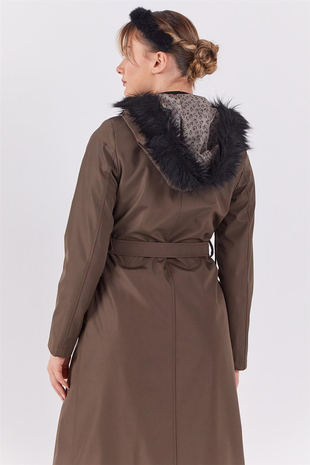 Leather-Trimmed Hooded Coat Khaki