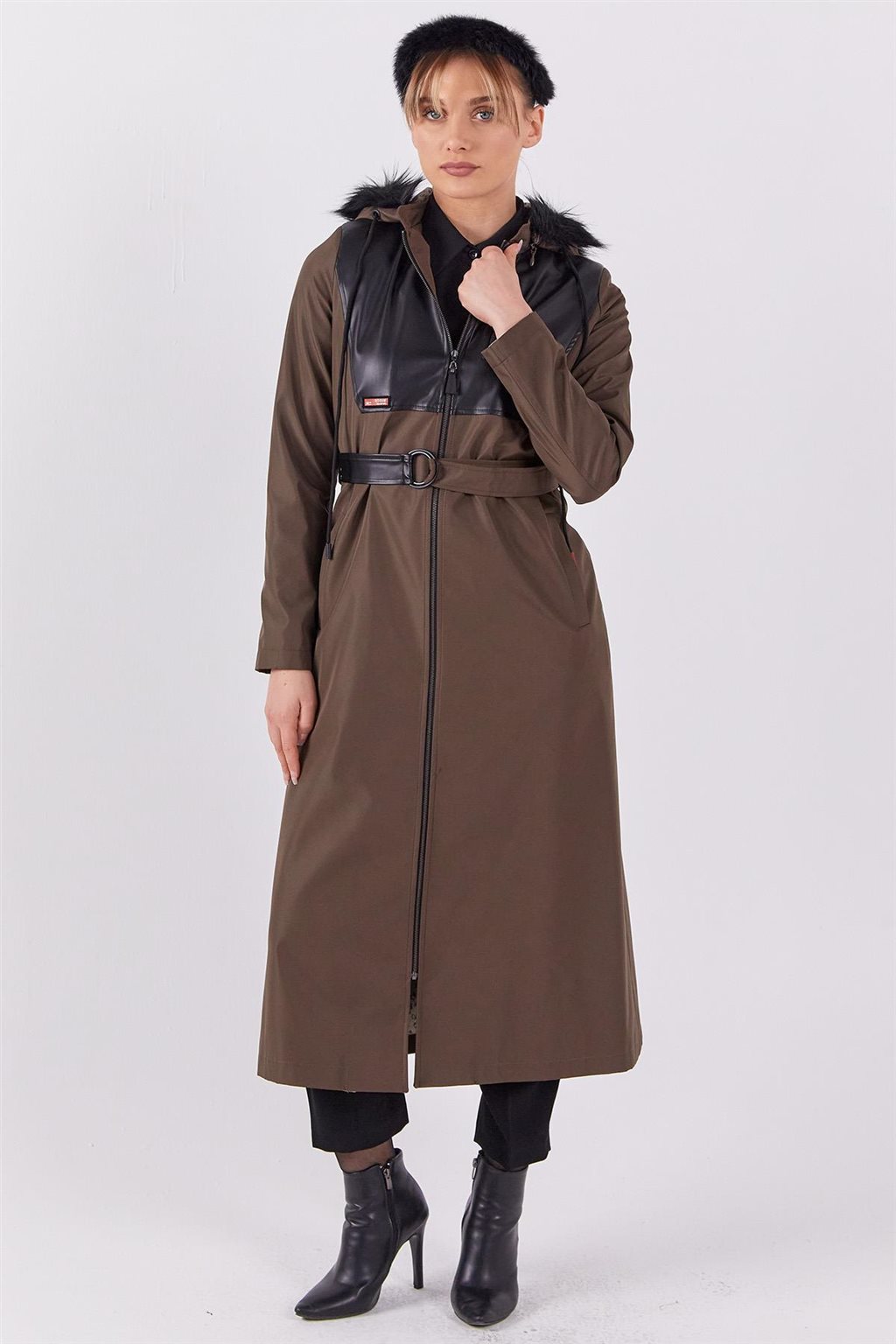 Leather-Trimmed Hooded Coat Khaki
