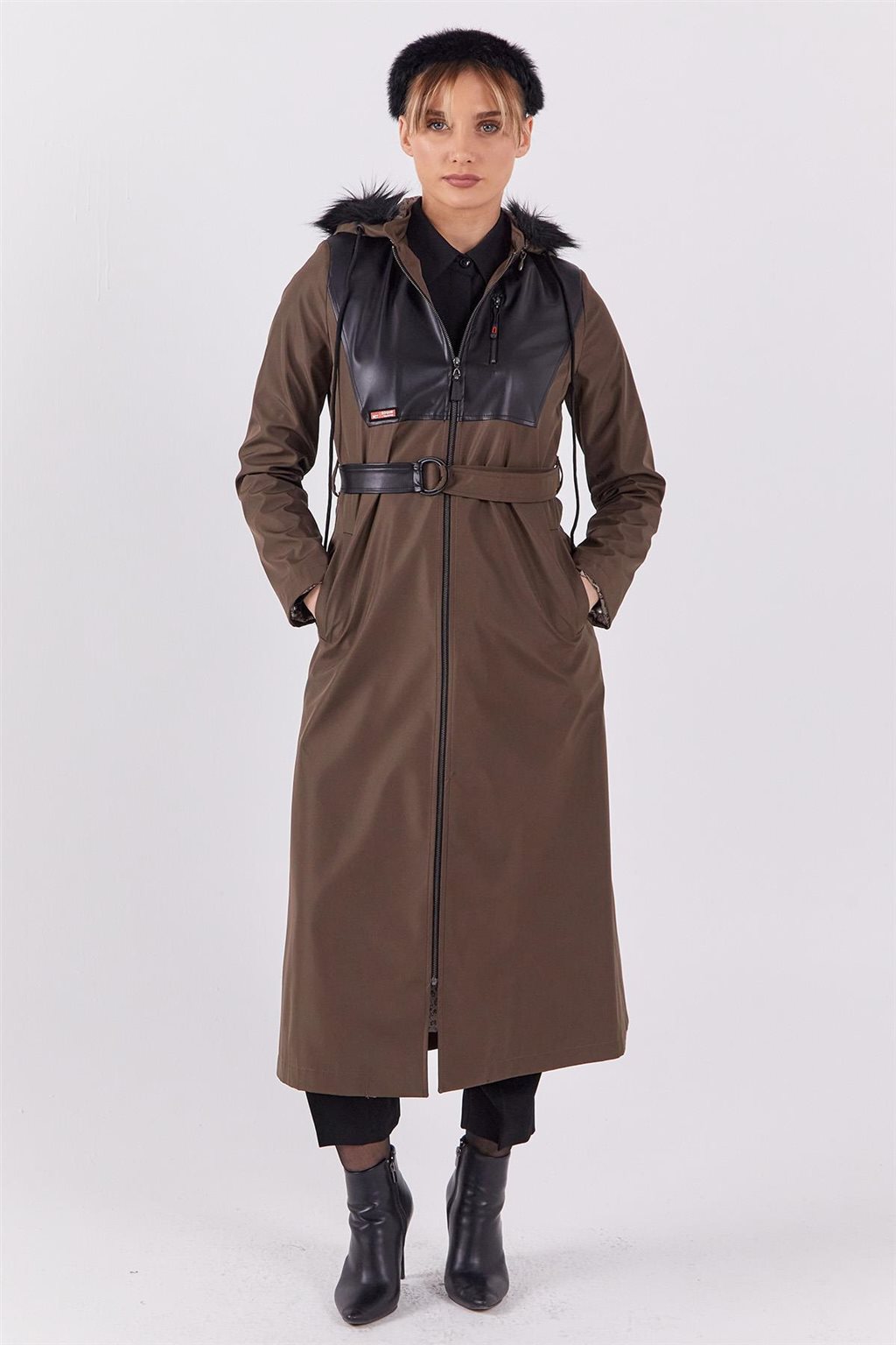 Leather-Trimmed Hooded Coat Khaki