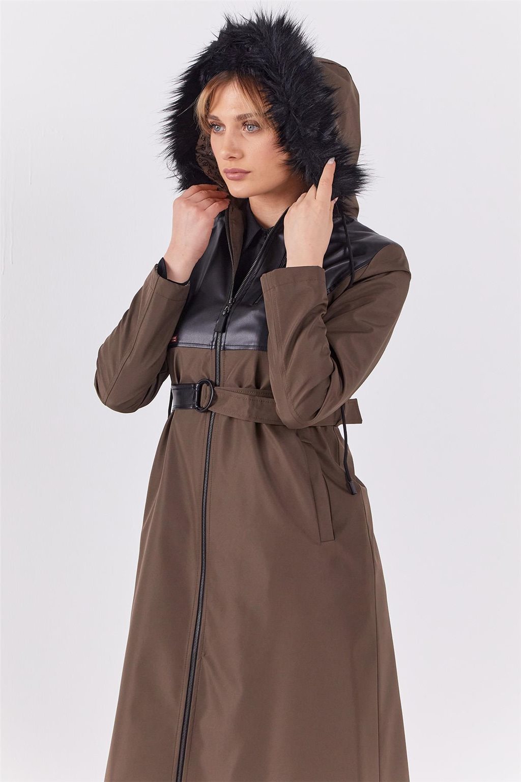 Leather-Trimmed Hooded Coat Khaki