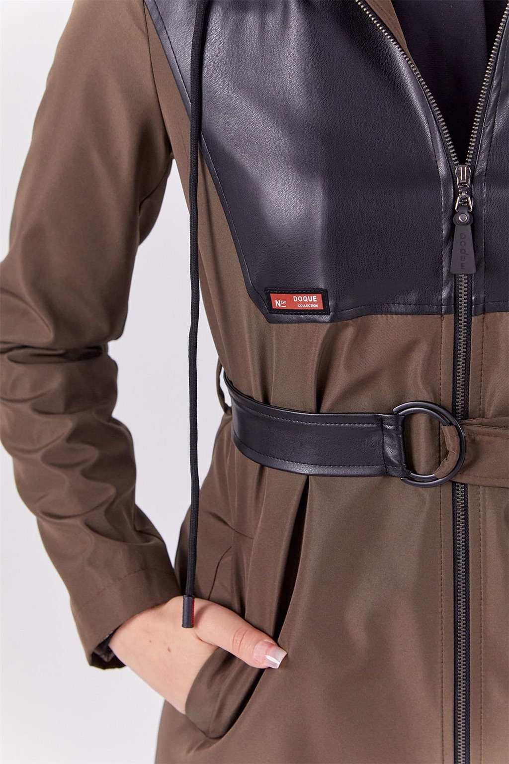 Leather-Trimmed Hooded Coat Khaki