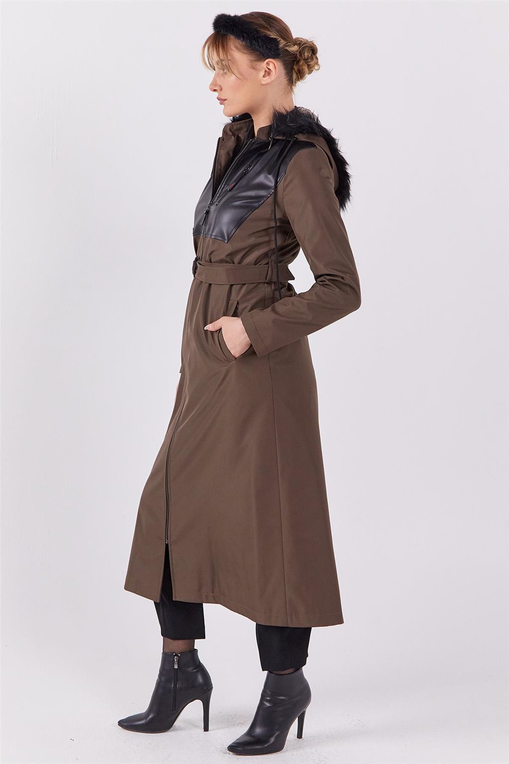 Leather-Trimmed Hooded Coat Khaki