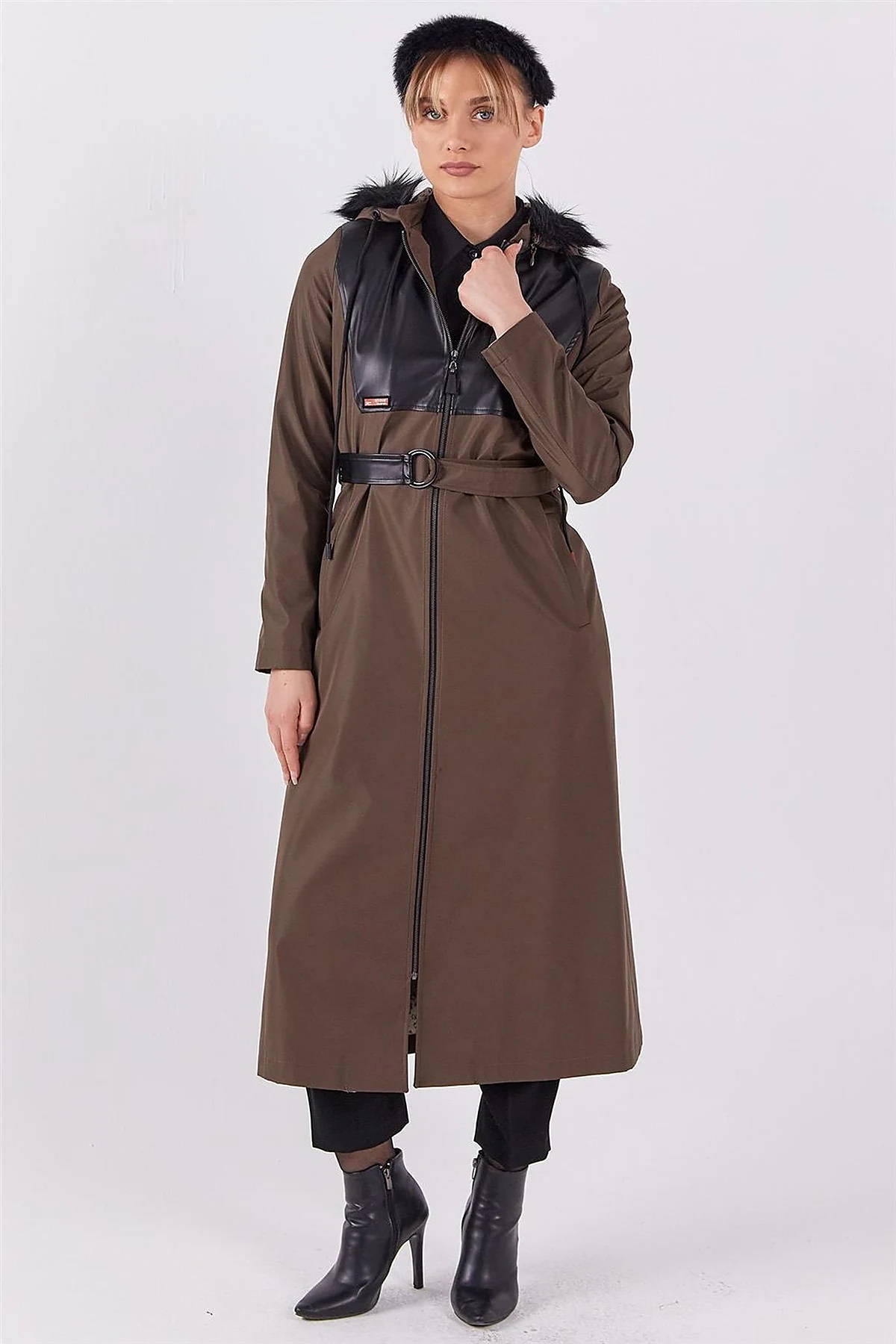 Leather-Trimmed Hooded Coat Khaki