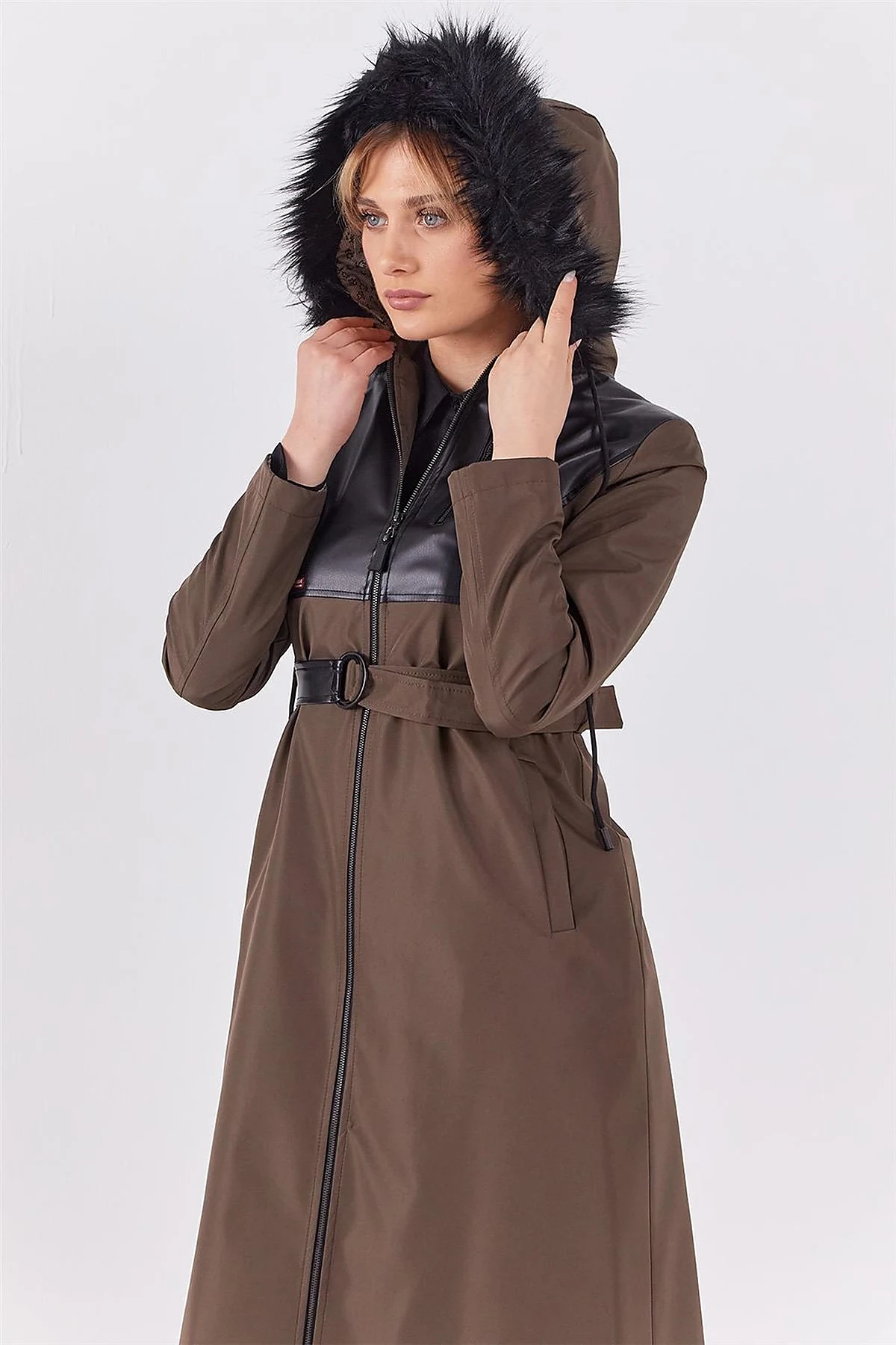 Leather-Trimmed Hooded Coat Khaki
