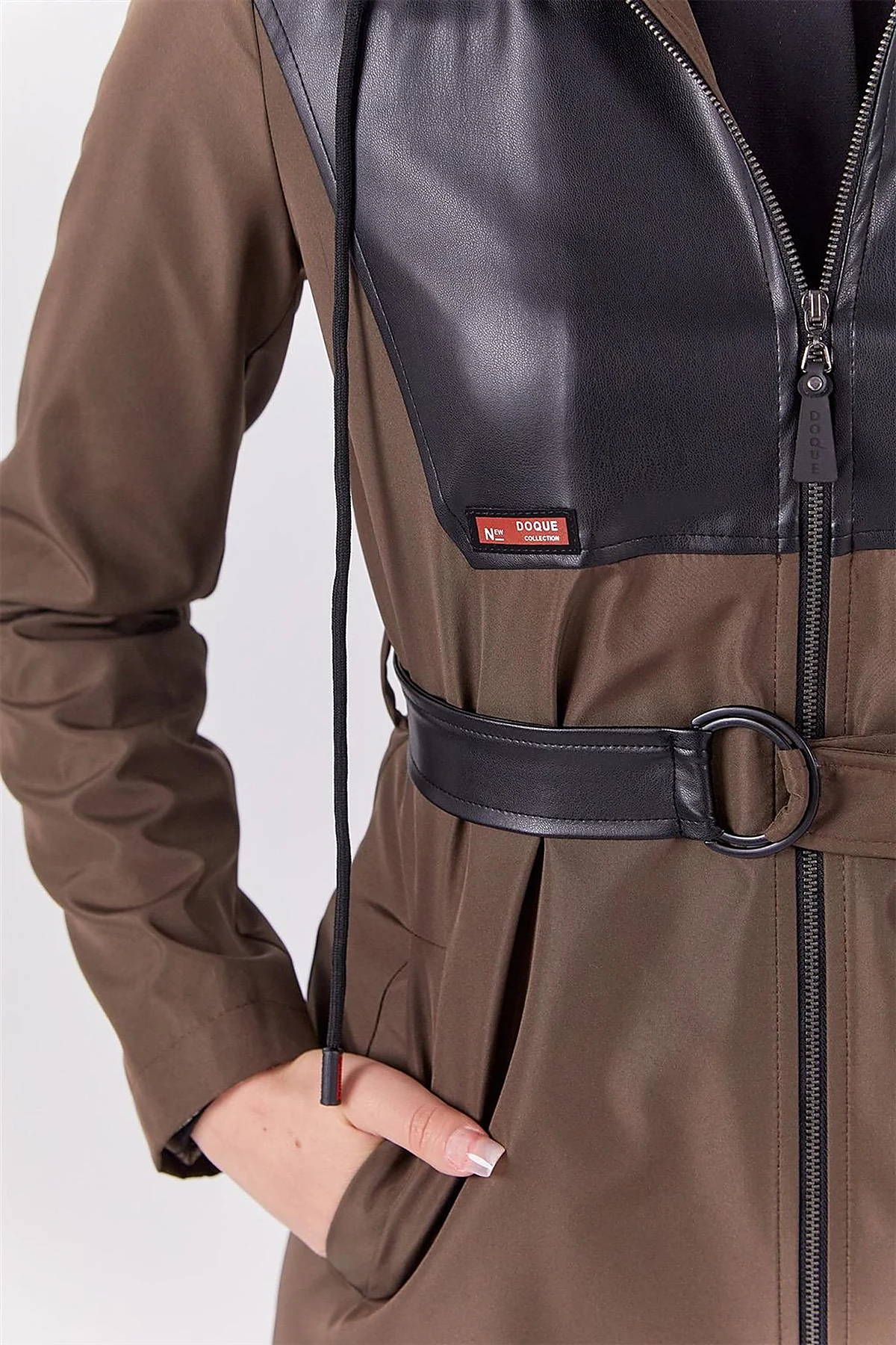 Leather-Trimmed Hooded Coat Khaki