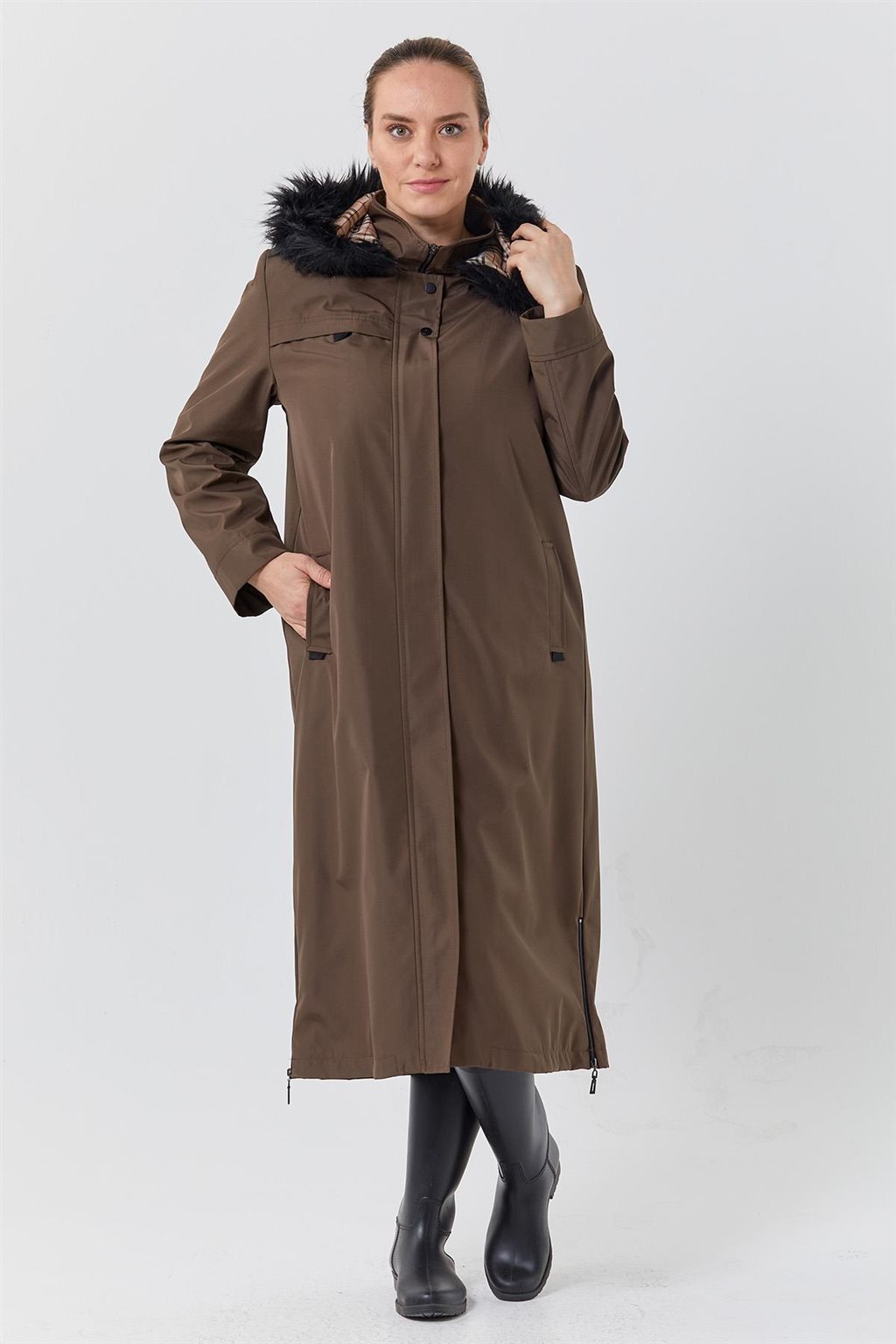 Zippered Hem Detail Coat Khaki