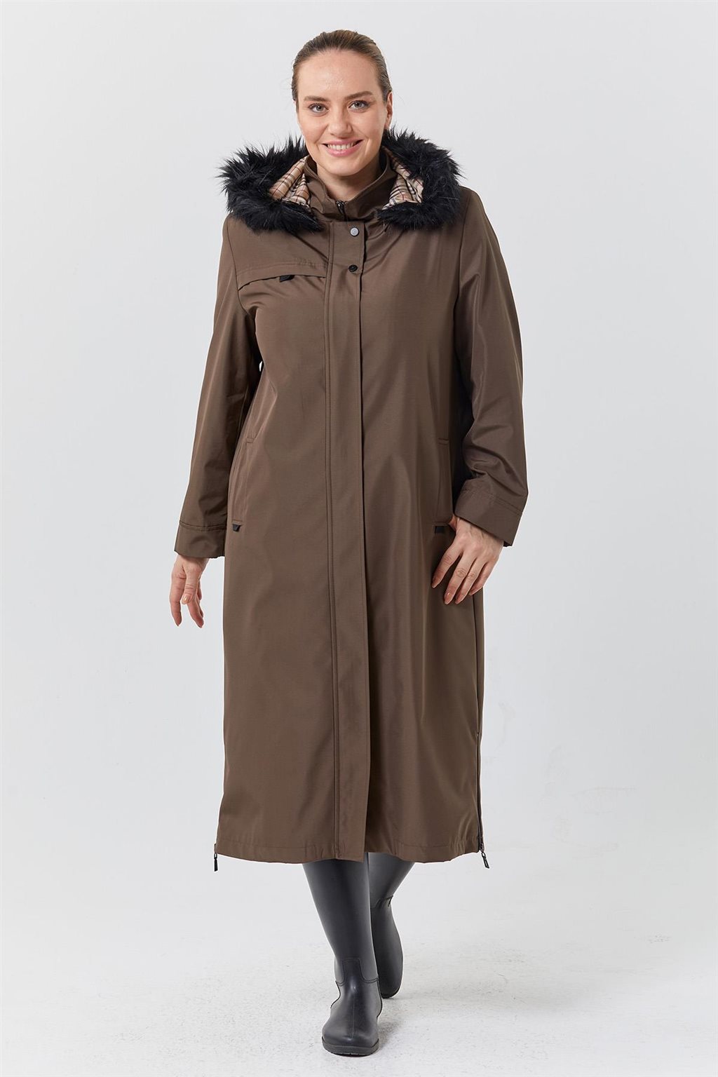 Zippered Hem Detail Coat Khaki