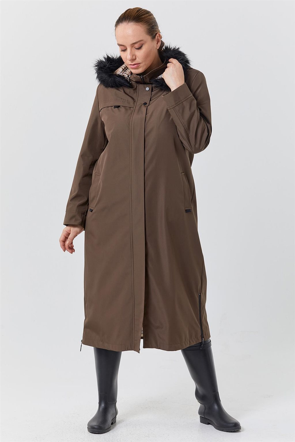 Zippered Hem Detail Coat Khaki