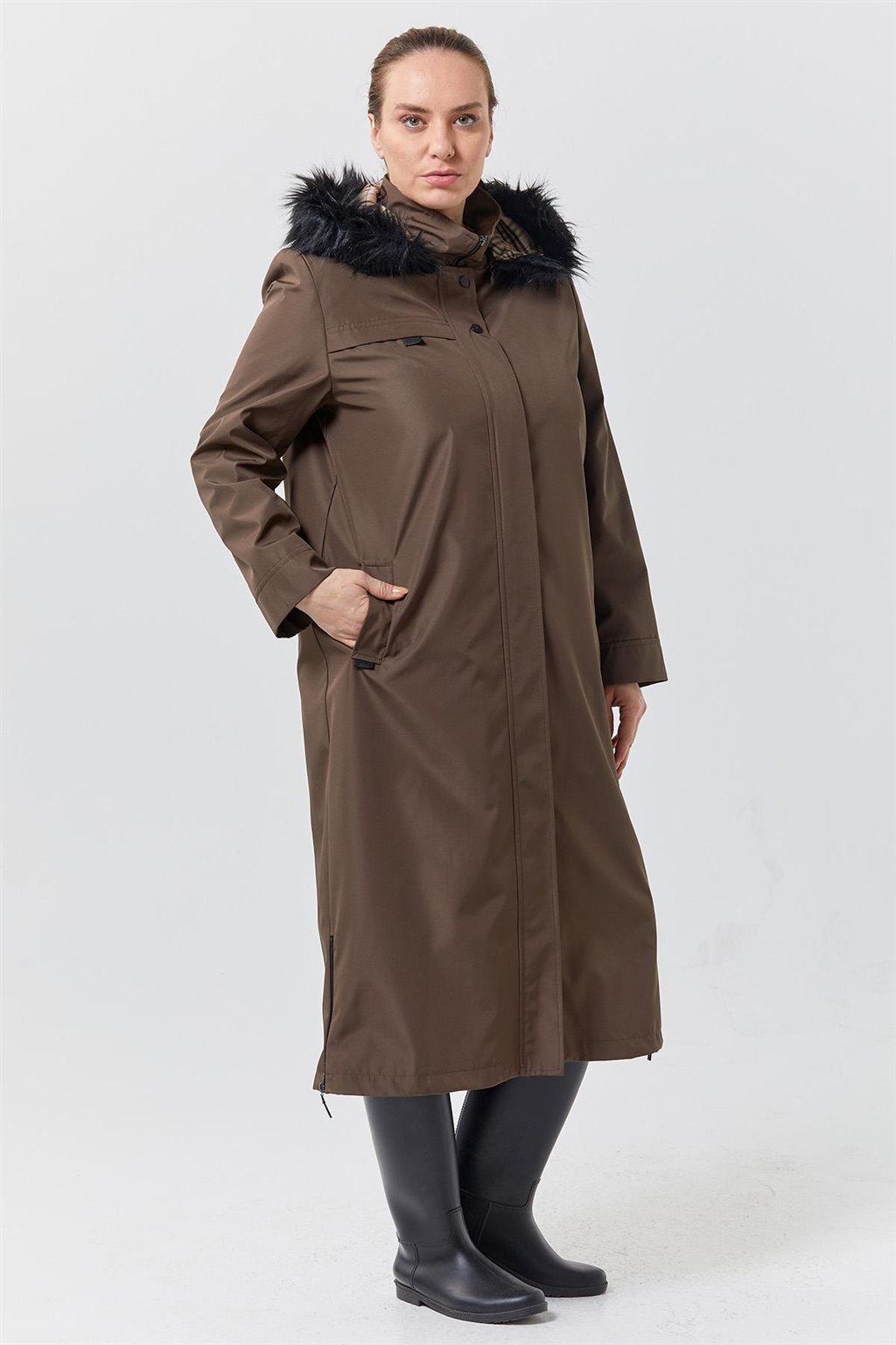Zippered Hem Detail Coat Khaki