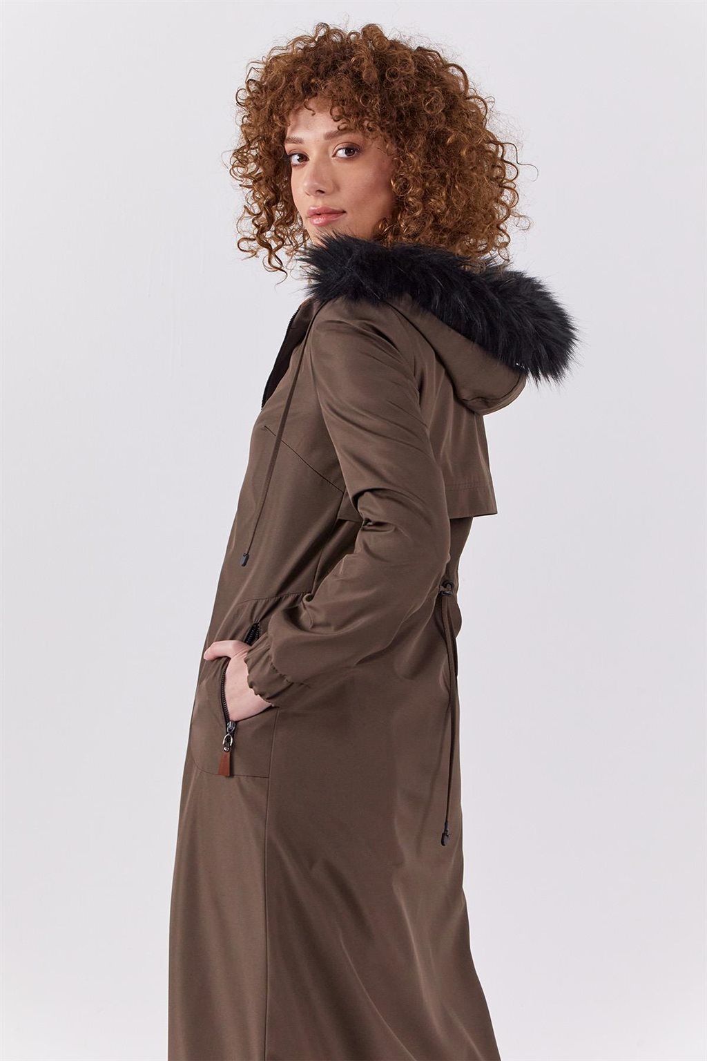 Faux Fur Zippered Coat Khaki