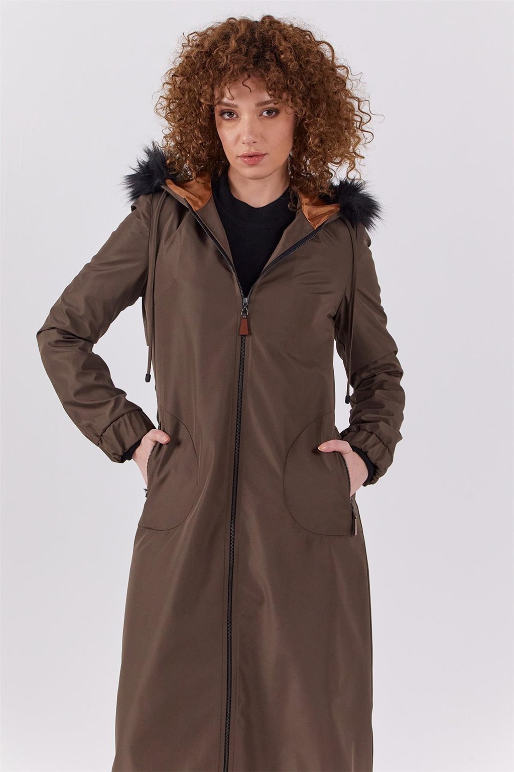 Faux Fur Zippered Coat Khaki